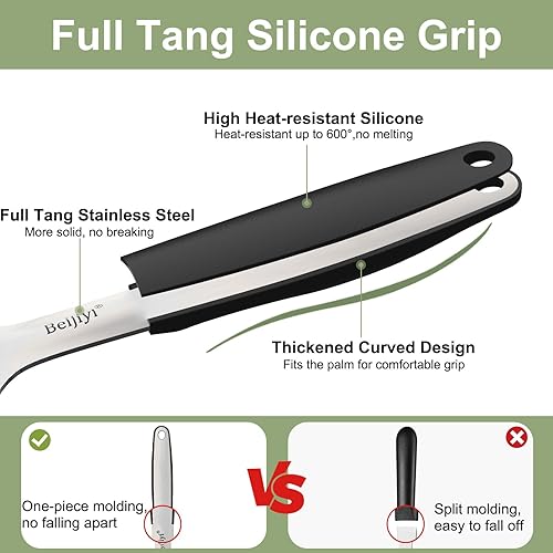 Miniatura 4 de Beijiyi Espátulas de acero inoxidable, juego de 2 espátulas de metal para cocinar con mango de silicona, girador resistente para sartén de hierro