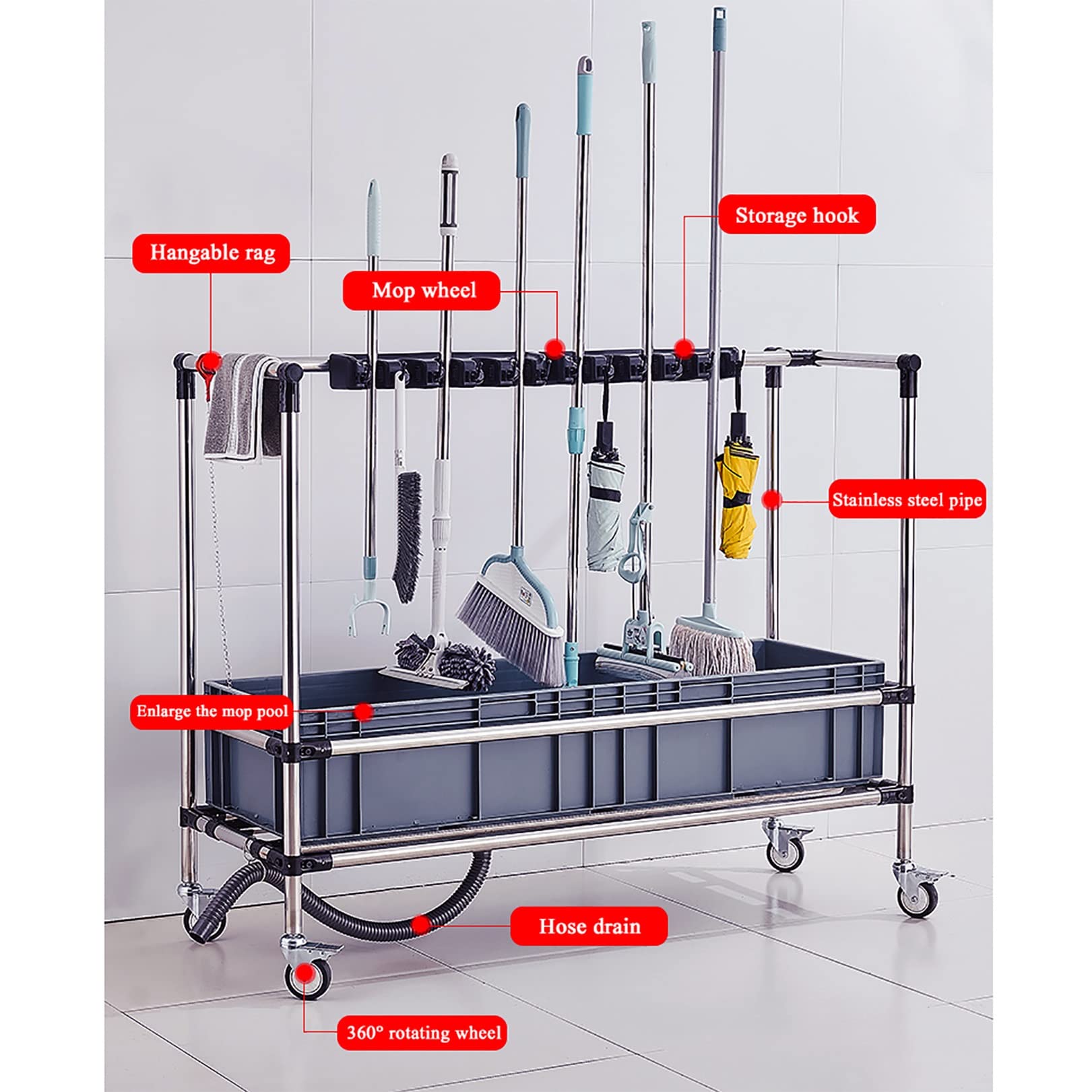 Besenhalterung,Mopp Besen Halter Veranstalter,304 Edelstahl Gerätehalter Besen Mop Halter,Garten Werkzeug Aufbewahrung Garage,Besenstiel Aufhänger,Edelstahl,mit 5 Racks 6 Haken,für Küchenbüro Wäsche