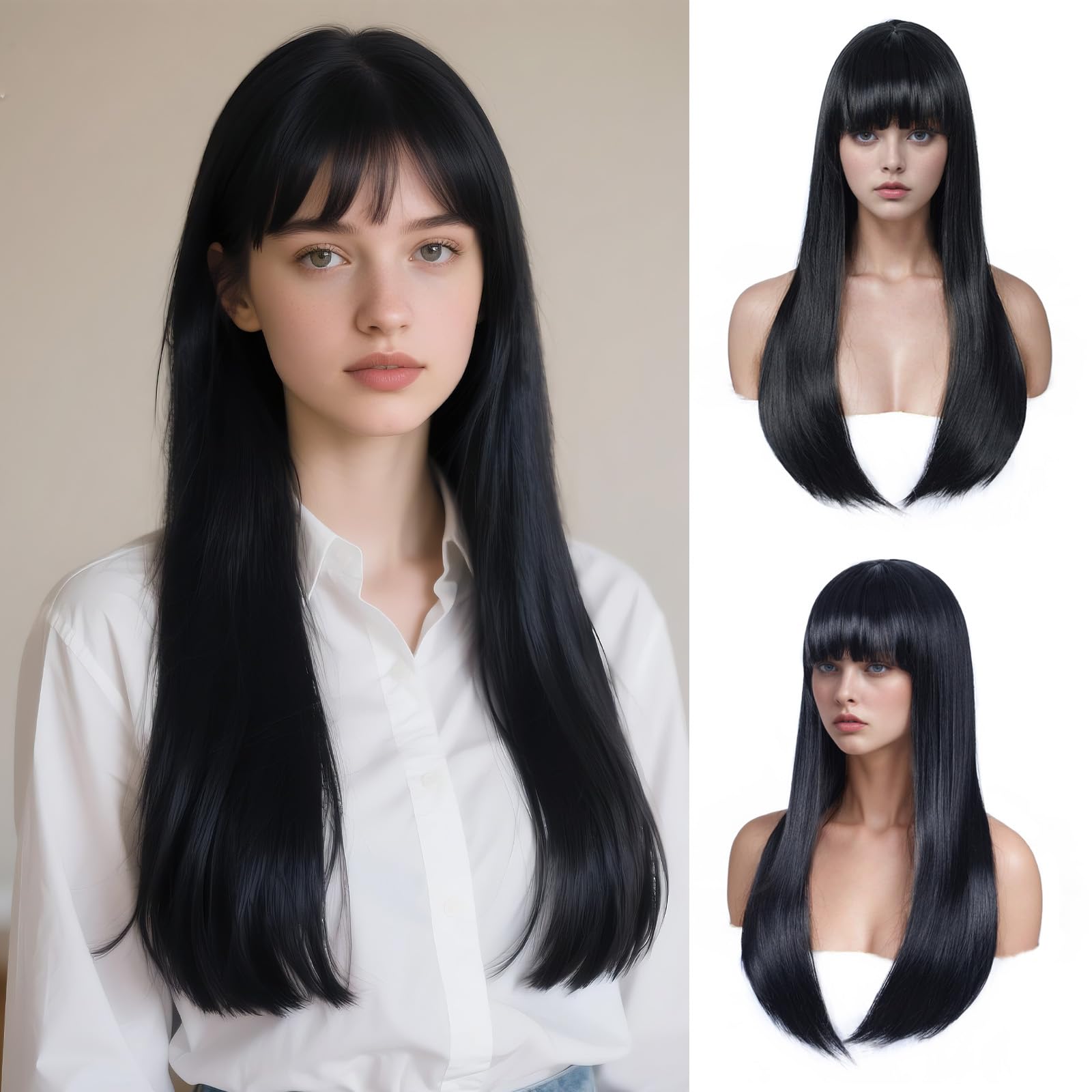 Bkiyyi Black Wig with Bangs for Women Long Straight Wig for Grils Heat Resistant Synthetic Wig Black Hair Wigs for Daily Party Halloween Cosplay Wig 24inch