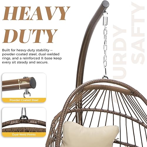 Miniatura 23 de Silla colgante de huevo, de mimbre y ratán, cojines resistentes a los rayos ultravioleta, capacidad de 350 libras, para dormitorio, balcón, patio
