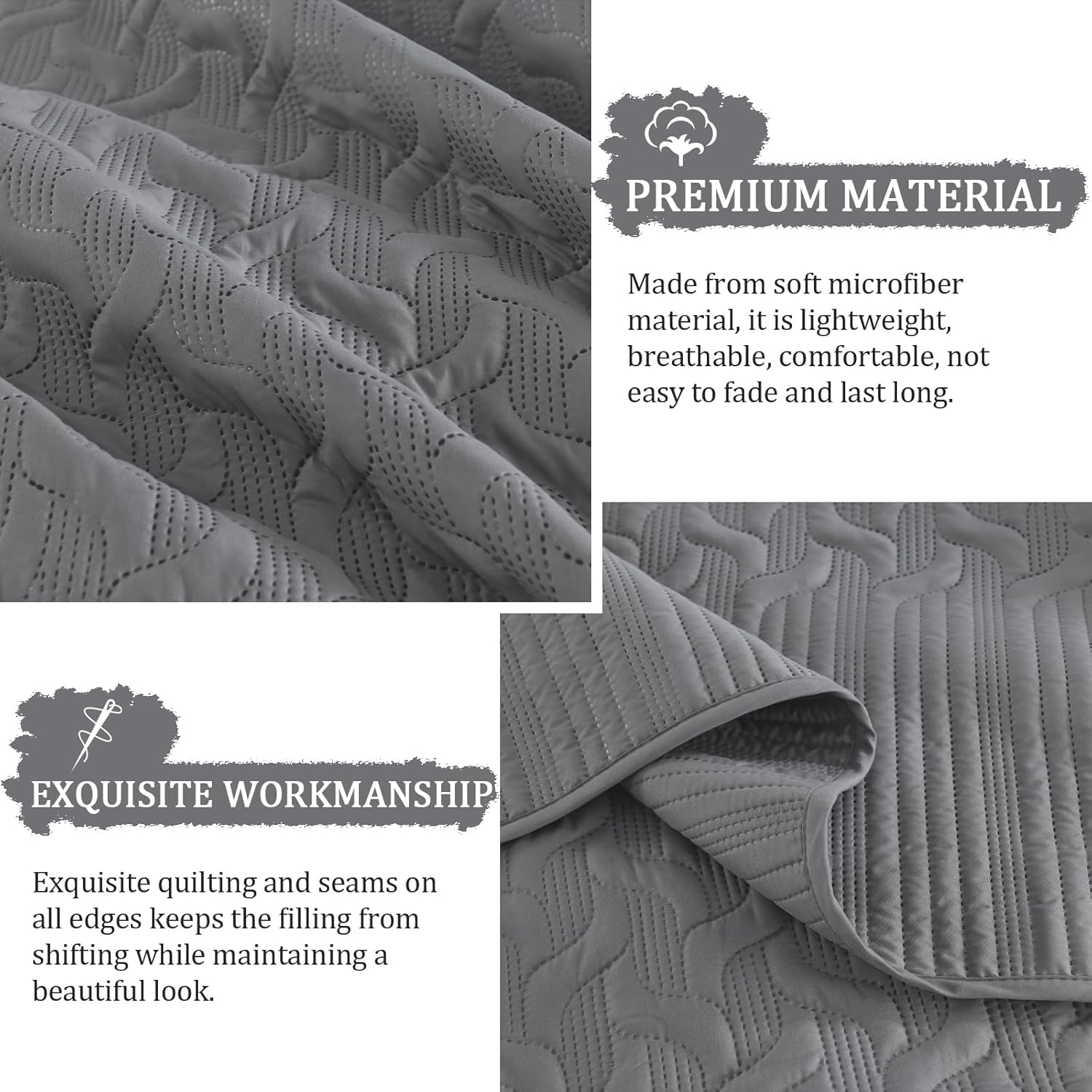 Yiran Grey Quilt Set Queen Size Lightweight Bedspread Ultrasonic Wave Pattern Soft Microfiber Coverlet for All Season Modern Style 3 Piece Bed Cover Sets with 2 Pillow Shams (96"x90")