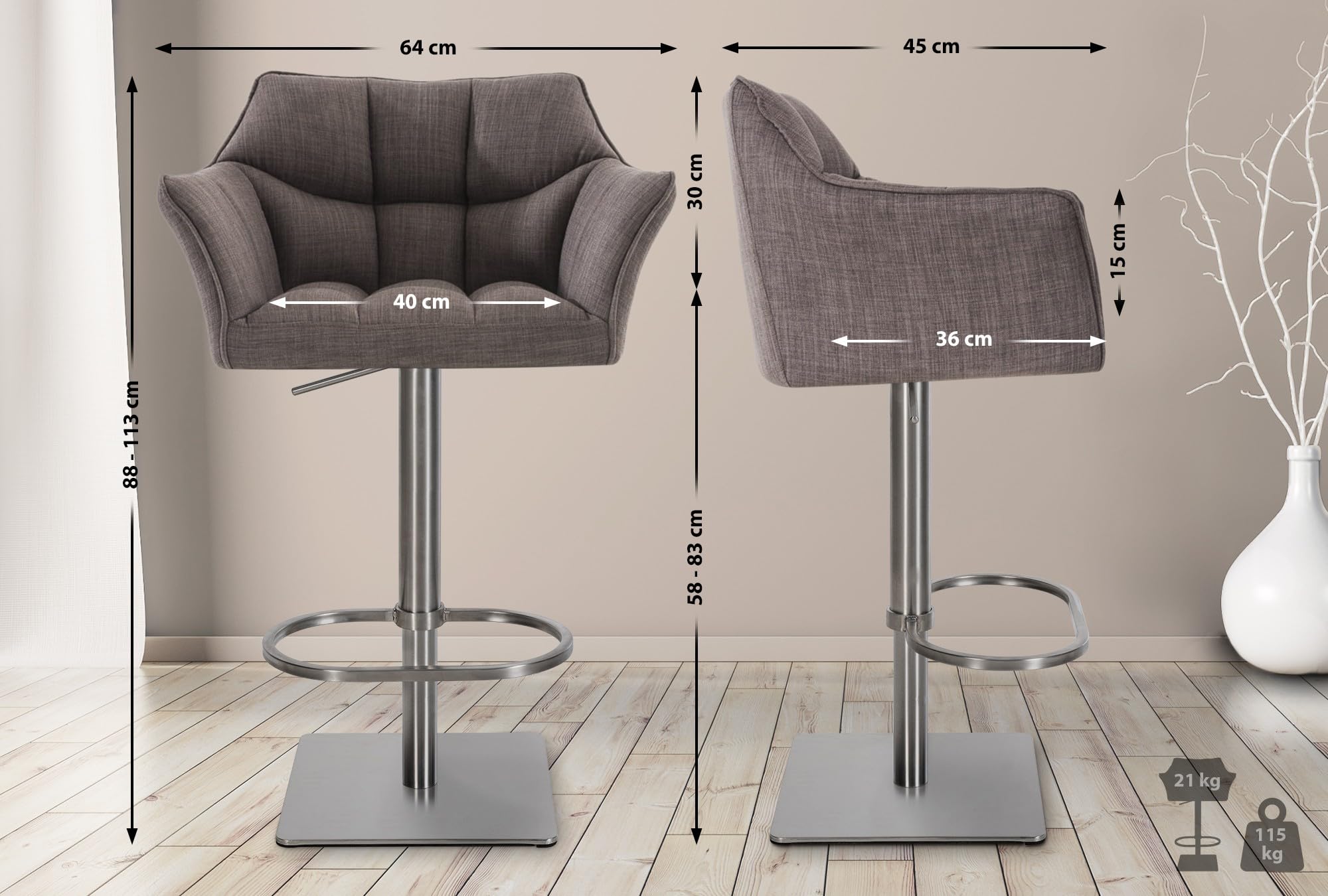 CLP 2er Set Barhocker Damaso Stoffbezug I Gepolsterte Barstühle höhenverstellbar und drehbar I Tresenstühle mit Rückenlehne, Farbe:grau, Gestell Farbe:Edelstahl