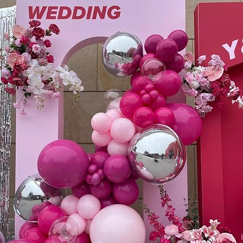 Miniatura 6 de Kit de guirnalda de globos de color rosa intenso y morado, 124 globos morados y globos rosa intenso con globo de estrella explosiva púrpura metálico