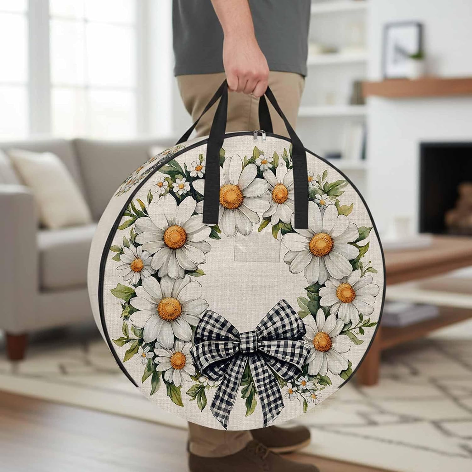 Daisy Wreath Round Storage Bag 24 Inch, Spring Retro Black White BowWatercolor Flower Floral Clothes Storage Container with Handles Heavy Duty Organizer for Comforter, Bedding & Holiday Wreaths