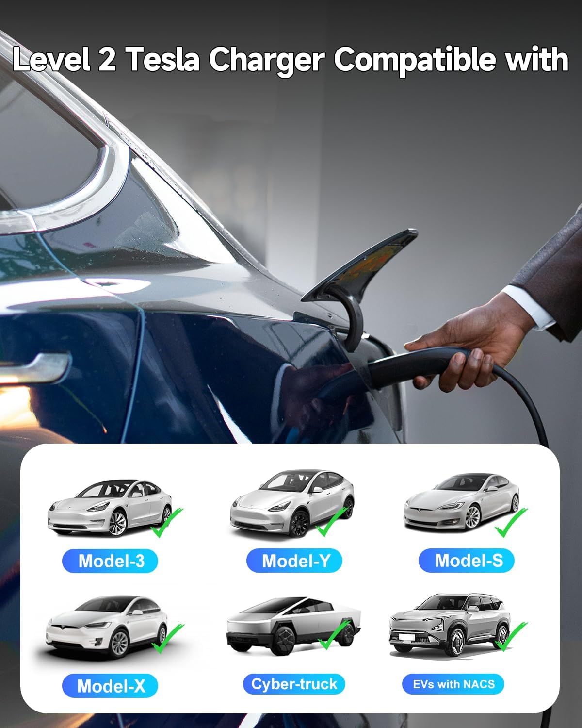 Level 2 EV Charger for Tesla, 40A/9.6kW Ultra-Fast Home Portable EV Charging Station with NEMA 14-50 Plug, 25FT Cable, Adjustable Current &Delay Start Timer, Compatible with Model Y/3/S/X (NACS Port)