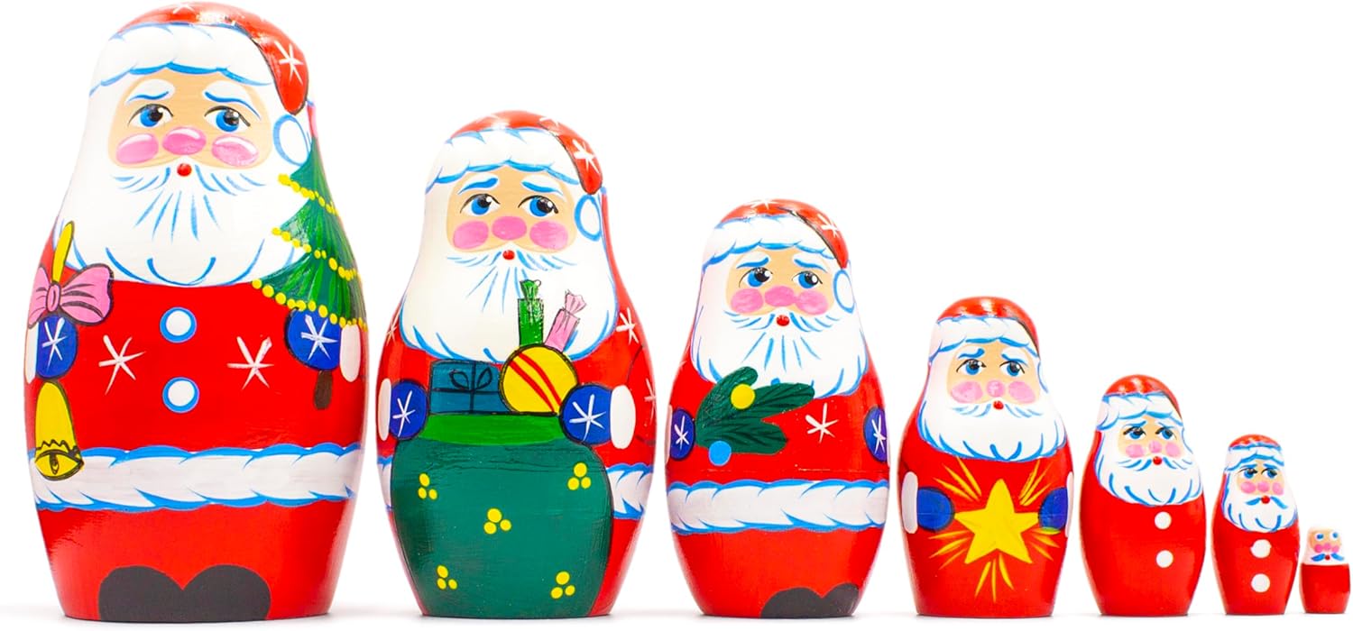 Christmas Santa Wooden Nesting Dolls 7 pcs - Santa Claus Christmas Decoration Doll Gifts Ideas - Handcrafted Handpainted Matryoshka - Russian Nesting Dolls