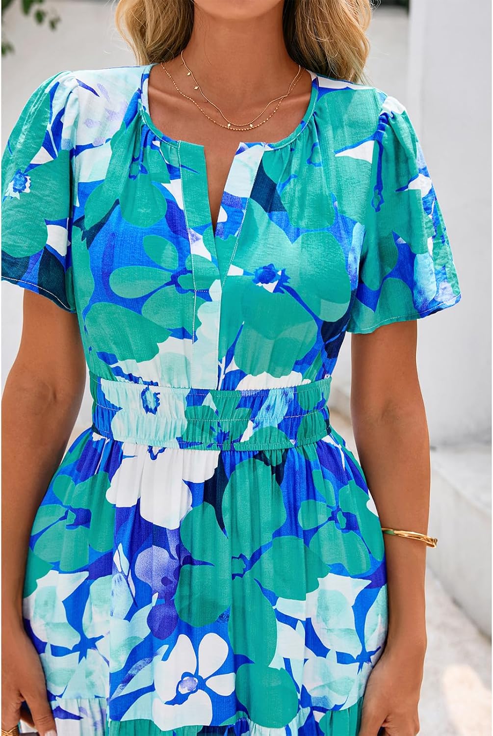 BTFBM Womens Summer Floral Maxi Dresses V Neck Short Sleeve Boho Casual Flowy Long Wedding Guest Dress Beach Vacation - Image 6