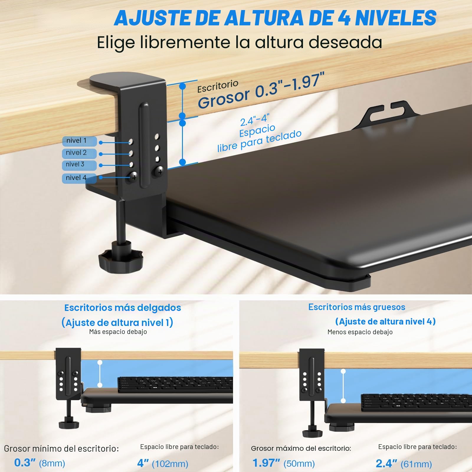 5Rcom Bandeja Teclado Bajo Mesa, Soporte Teclado Ordenador THK 8-50mm, Almacenamiento Multifuncional para Portátil, Bandeja Teclado de 650 x300 mm, Escribir, Hogar u Oficina (Negro)