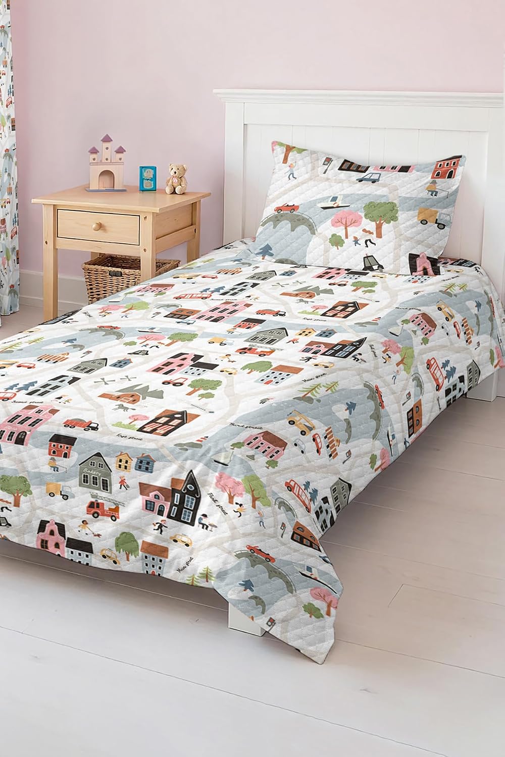 SODEF Quilt Set Twin Size City and Vehicle Pattern for Kids and Teens, Lightweight Cotton Polyester Blend, 2 Piece Set, Breathable, Multicolor - Multicolor, One Size