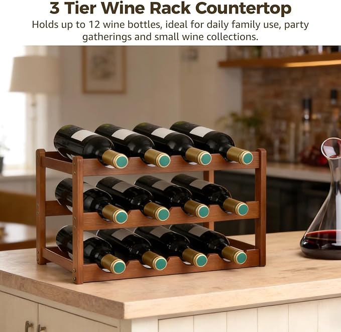 Estante para Vino de Madera, 3 Niveles, 12 Botellas, para Encimera miniatura 5