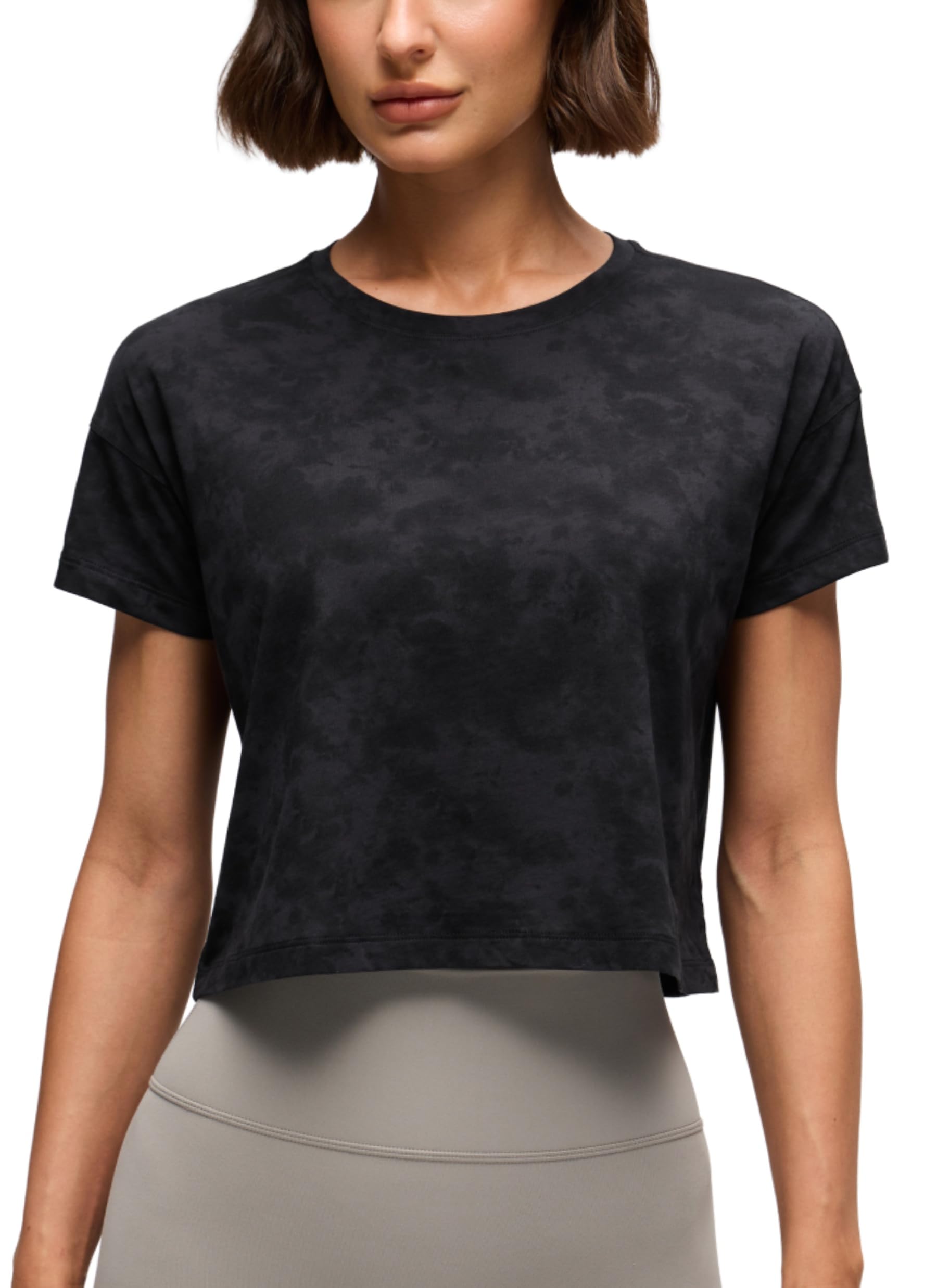 CRZ YOGA Women's Short Sleeve Yoga T-Shirts Loose Fit Sports Fitness Crop Tops Workout Casual Cropped Shirt Tie Dye Smoke Ink 16