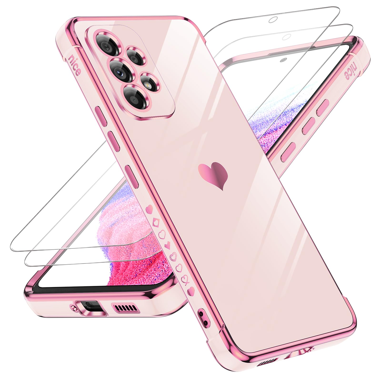 LeYi for Samsung Galaxy A53-5G Phone Case Love Heart Plating Luxury, Pink | A53 Case with 2 Pack Tempered Glass Screen Protector Full Protection Women Cute Soft TPU Shockproof A 53 Pink A53 5G 6.5"