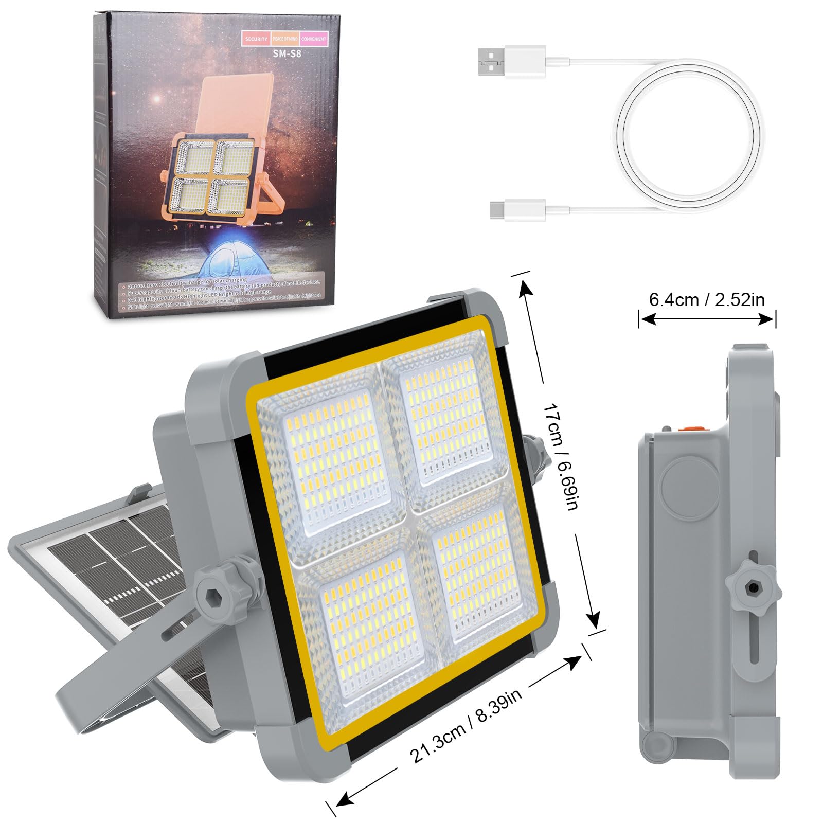 ERAY 150W Projecteur LED Rechargeable 9000mAh avec Double Panneau Solaire | 336 perles LED, 4 Modes, IP66, Projecteur LED Chantier Portable pour Garage, Camping, Atelier, Urgence, Chantier, Extérieur