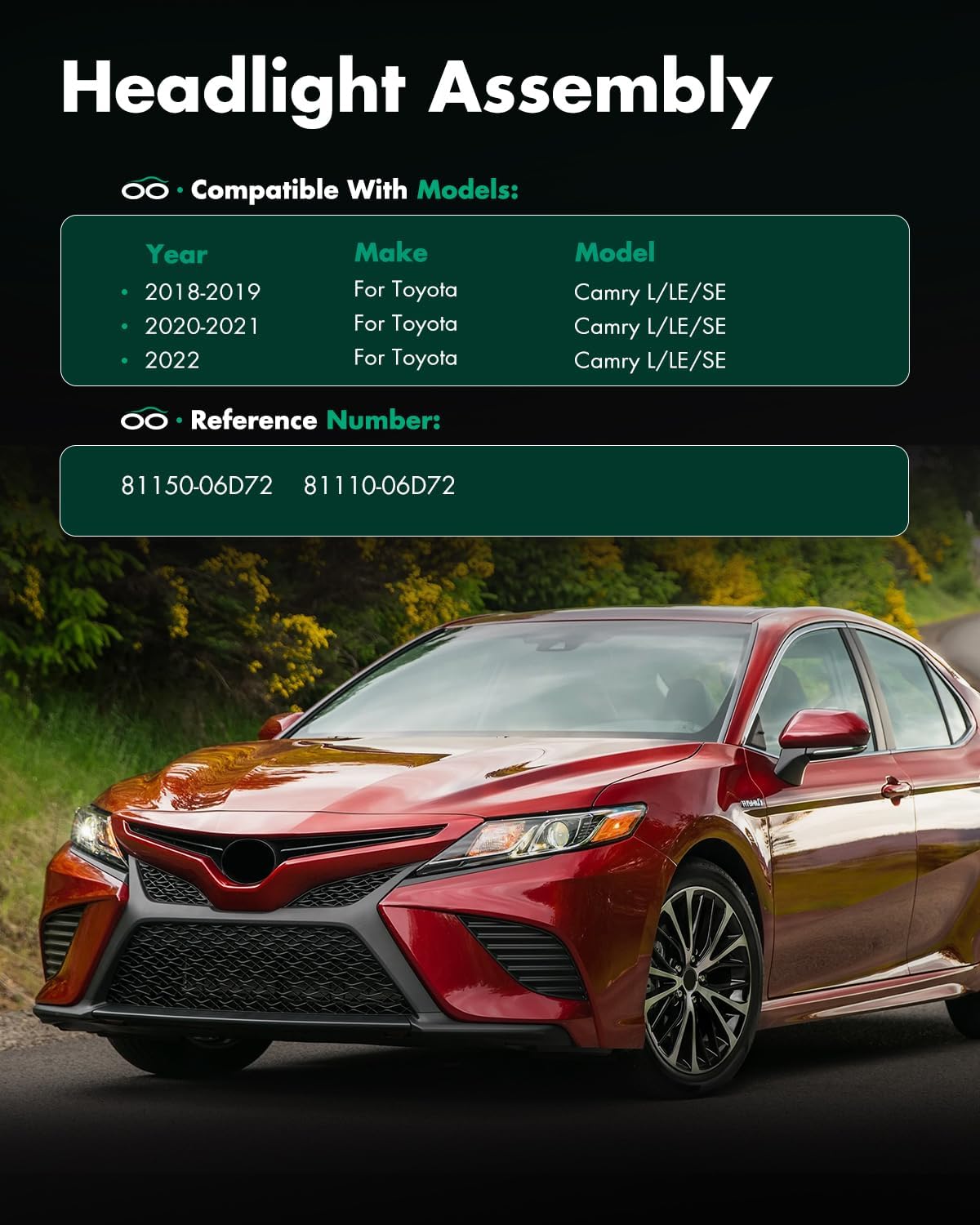 SCITOO LED Headlight Assembly Fit 2018-2022 for Toyota Camry LE Black Housing Amber Reflector Pair Headlights 81150-06D72