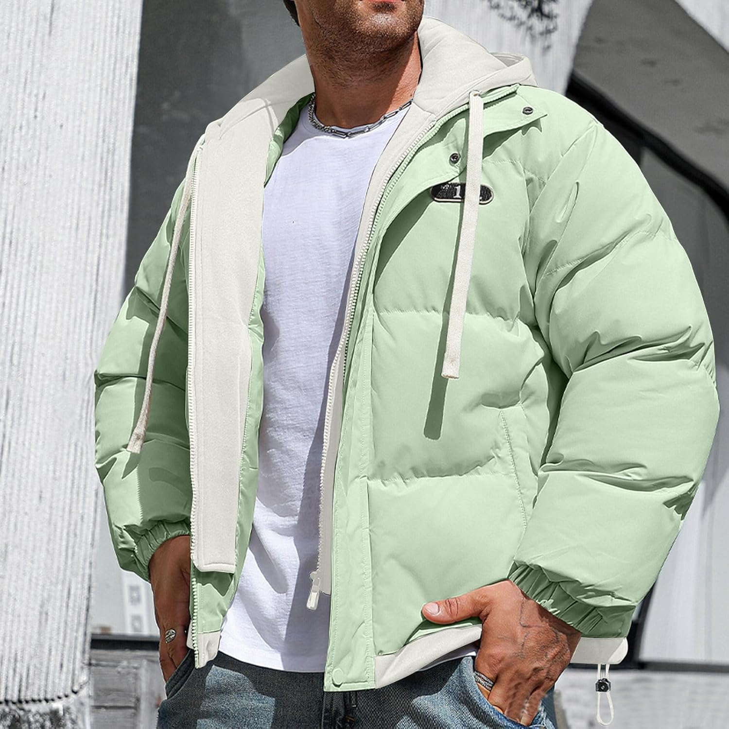 NATHGAM Men's Fake Two Piece Jackets Thicken Windproof Thermal Hooded Puffer Jackets Winter Loose Warm Outdoor Bubble Coats