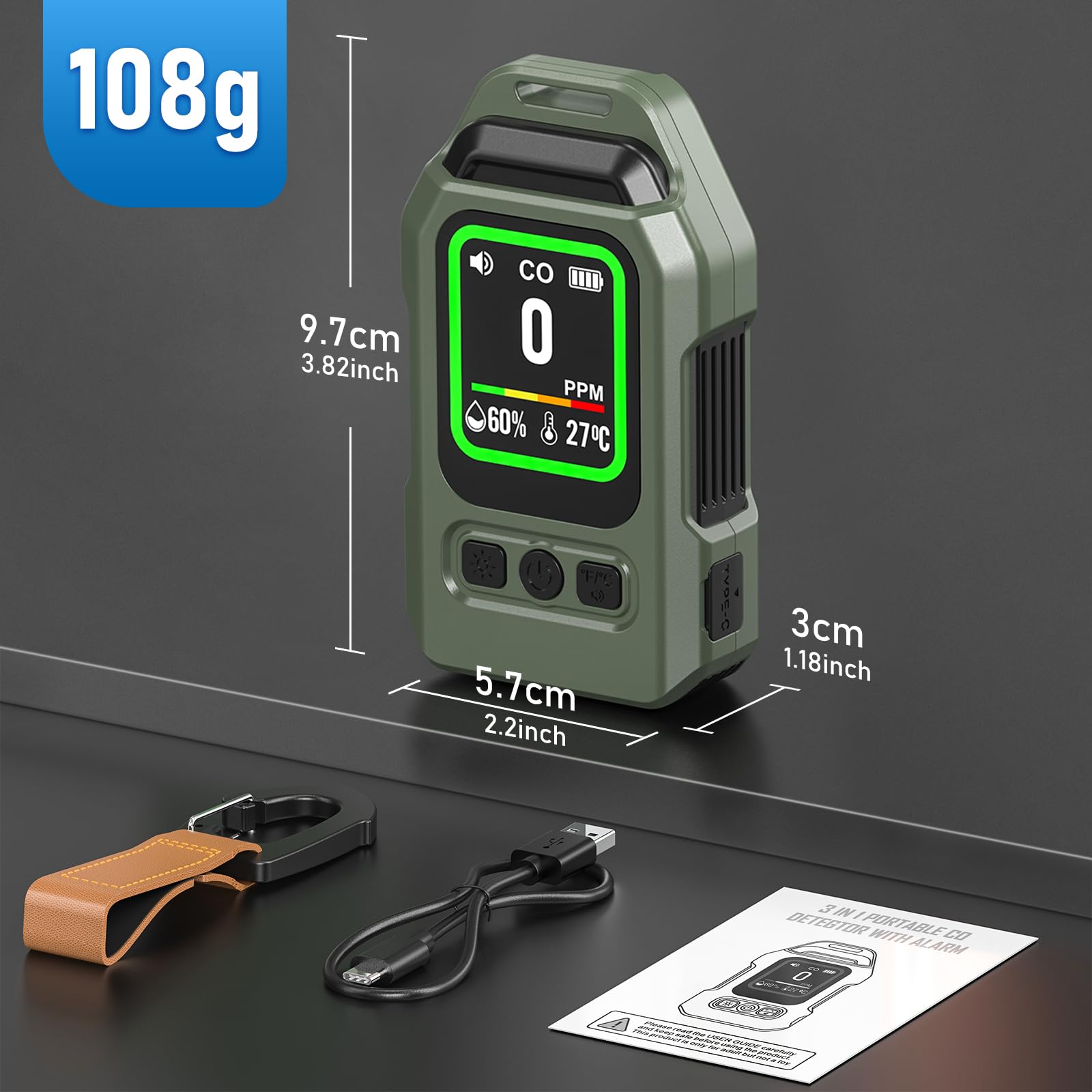 Detector de Monóxido de Carbono Portátil, 300 Horas de Autonomía, Medidor de Temperatura y Humedad, con función de Alarma y Linterna de Emergencia, Ideal para acampadas, Viajes, Coches y cocinas.