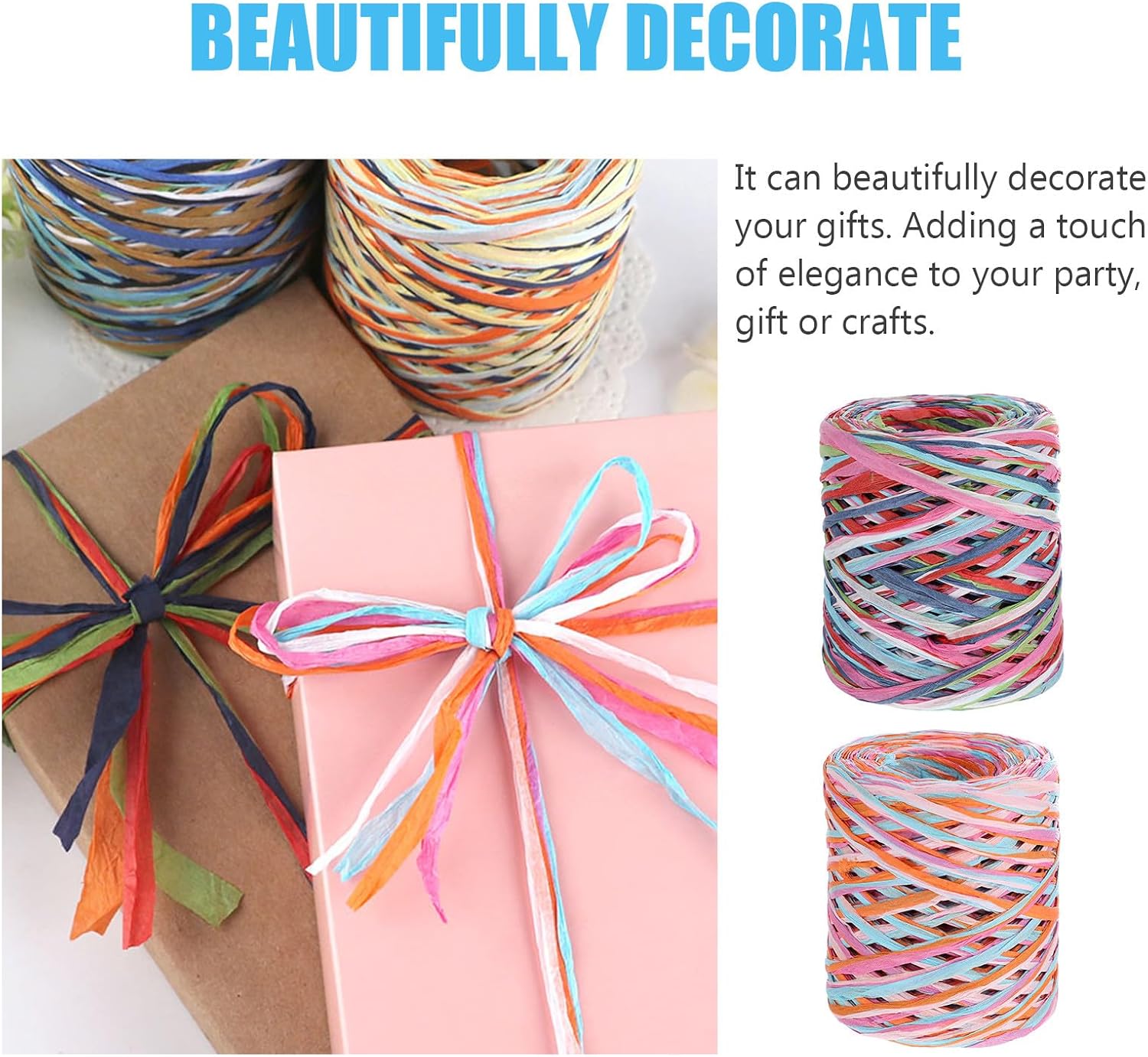 2 Rolls Colored Raffia Paper Ribbon Twine for DIY Crafts and Wrapping, 200 Meters Handmade Packing Rope Set in Red/Navy #21 and Light Blue/Green #22 for Holiday Decorations