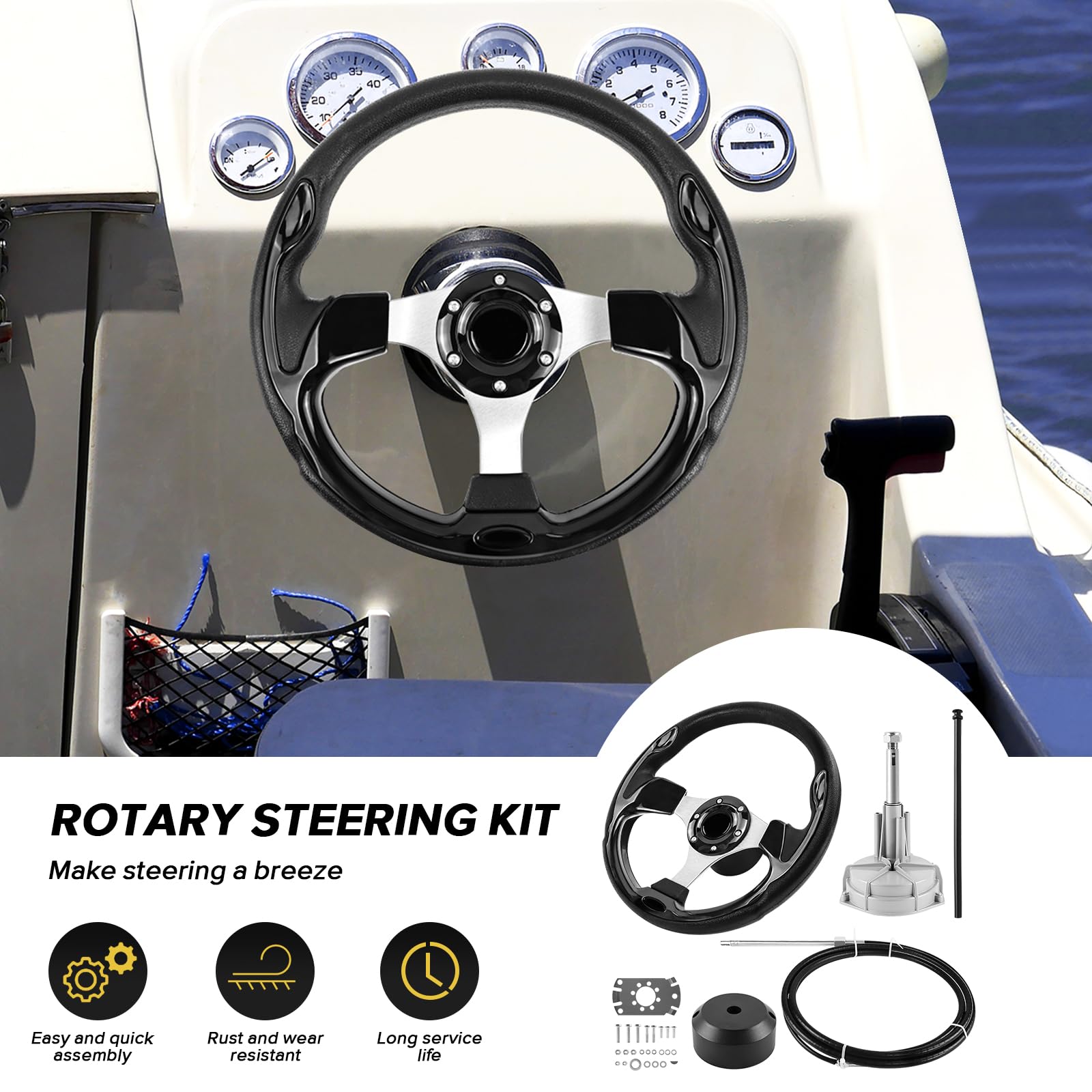 Sistema de dirección para barcos Acclcors, kit de dirección rotativa mecánica, cable de control de 457.2 cm fuera de borda, sistemas de dirección marina para yates, barcos de pesca y otras