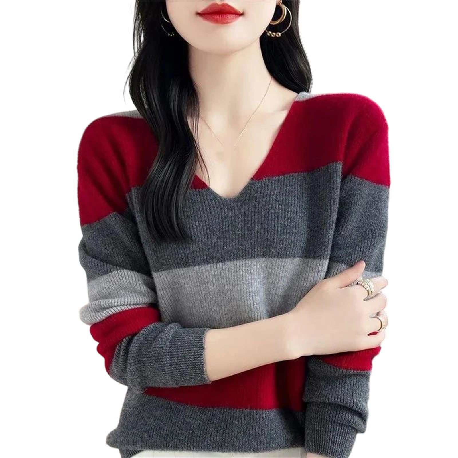 Womens Loose Fit V-Neck Knit Sweater Long Sleeve Color Block Pullover Autumn Casual Top