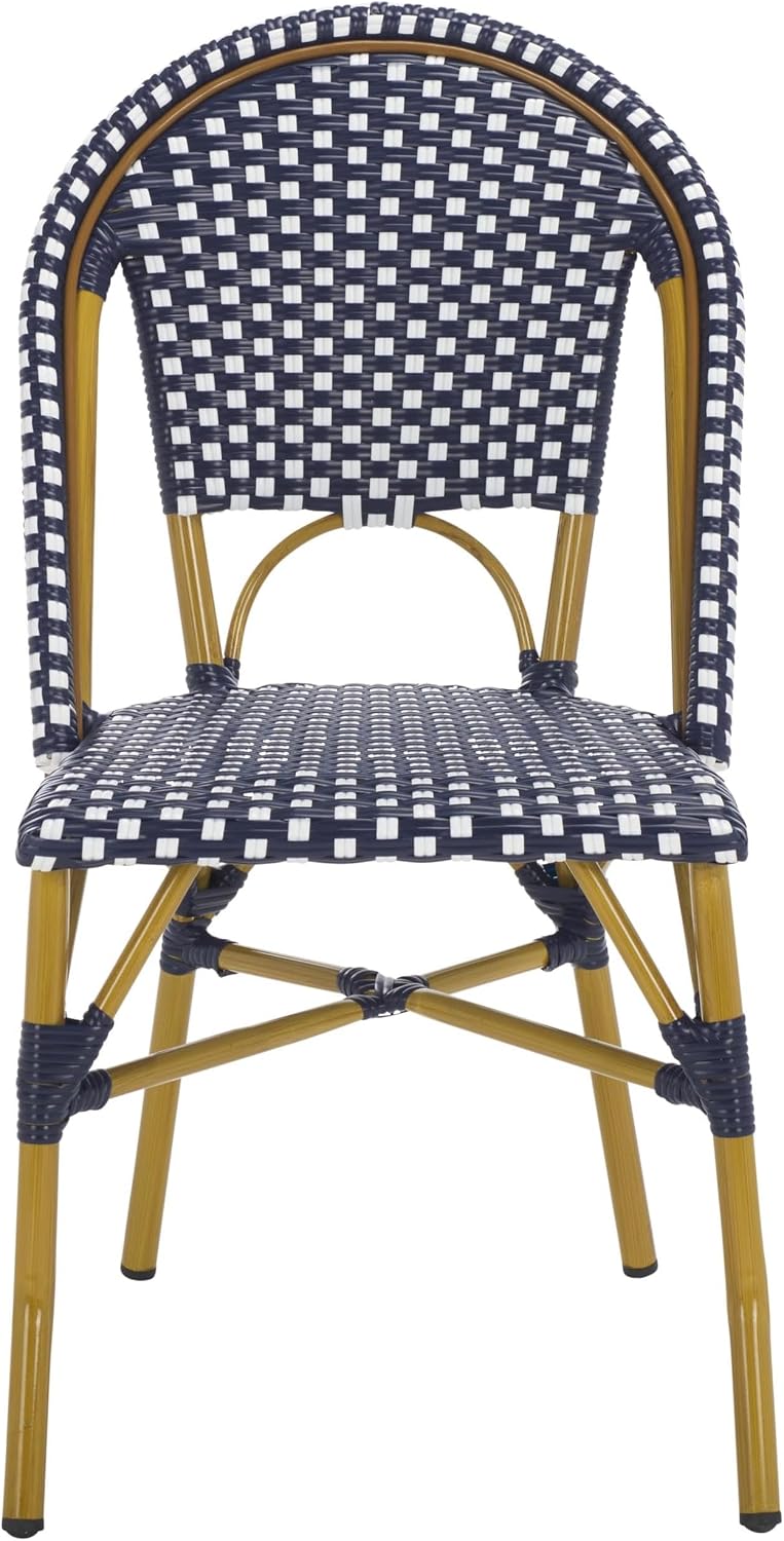 Pemberly Row Indoor/Outdoor Side Chairs, 34.6" H x 18" W x 21.6" D, Rattan Material, Navy/White Finish, Weather Resistant Bistro Style, Set of 2, Stacking Design for Patio or Dining Seating