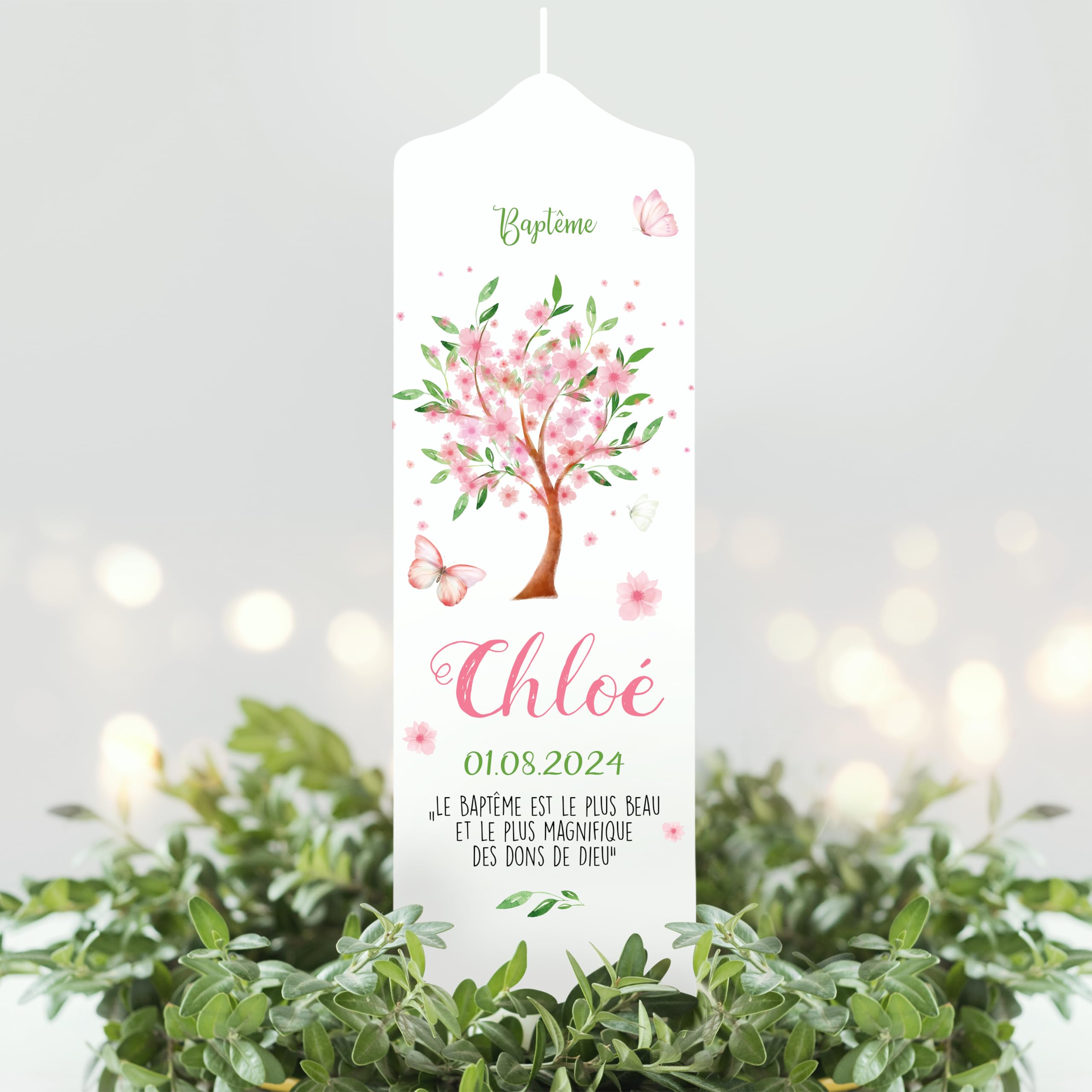 Bougie Baptême personnalisée Fille motif Arbre fleuri – Cierge Baptême avec prénom et date – Bougie imprimée – cierge personnalisé – 25 x 7 cm