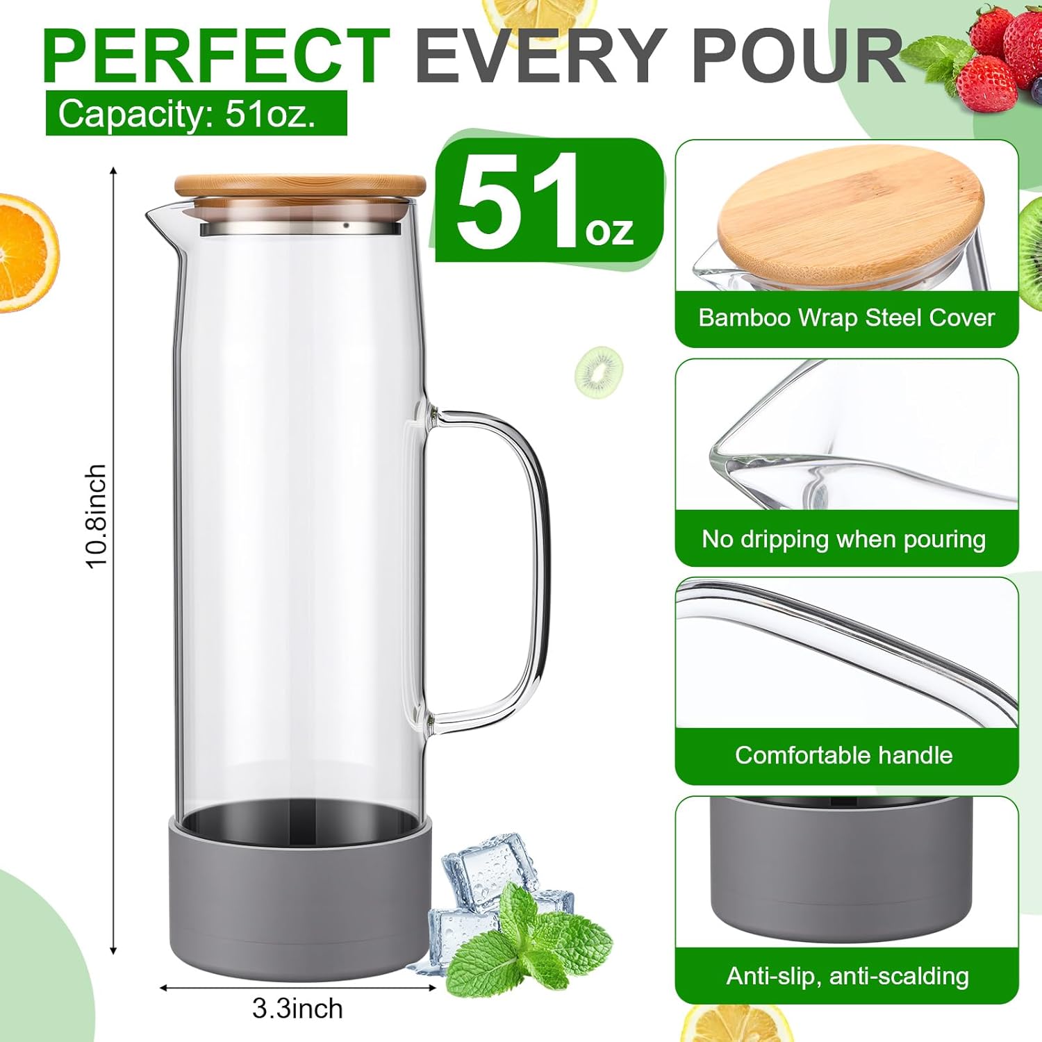 Honeydak 2 Pack Glass Water Pitcher for Daily Hydration, 51oz/1.5L Pitcher with Lid and Handle, Anti-Slip Glass Carafe for Hot Cold Water, Iced Tea and Fridge - Image 2