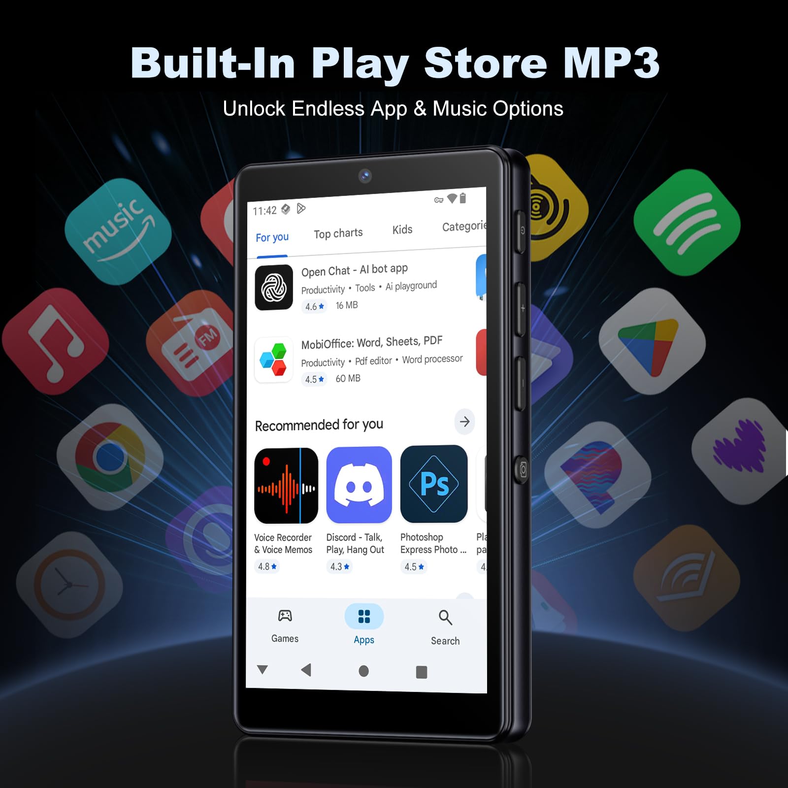 Reproductor MP3 32GB con Bluetooth y WiFi, Cámara, Oilsky 4,02" Android 13 Reproductor de Música HD con Spotify, Audible, Deezer, MP4 Pantalla Táctil y Altavoz