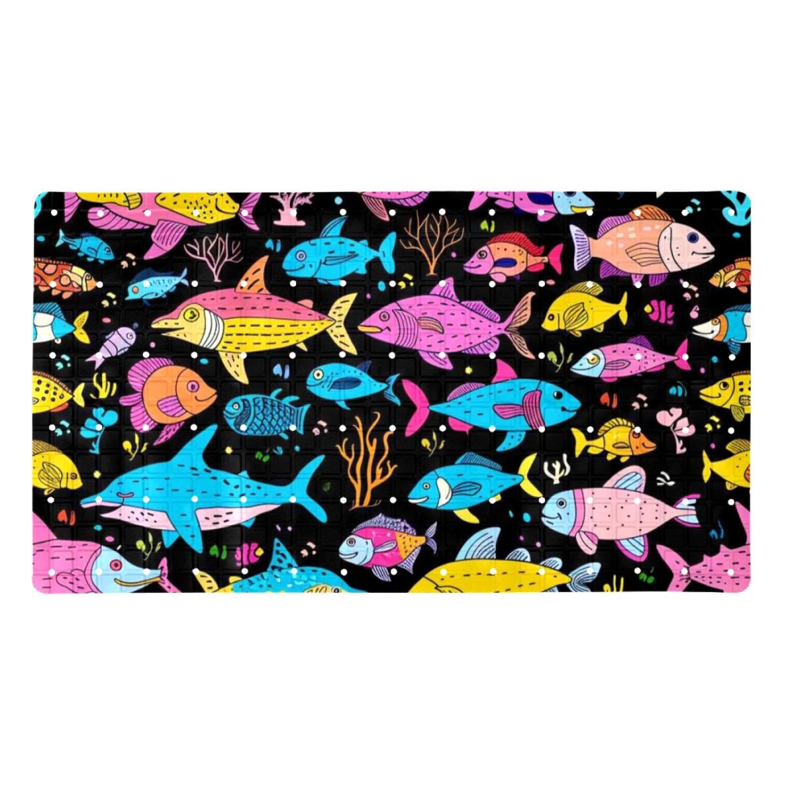 Tapis de bain antidérapant grand format motif banc de poissons colorés aquarelle pour la famille