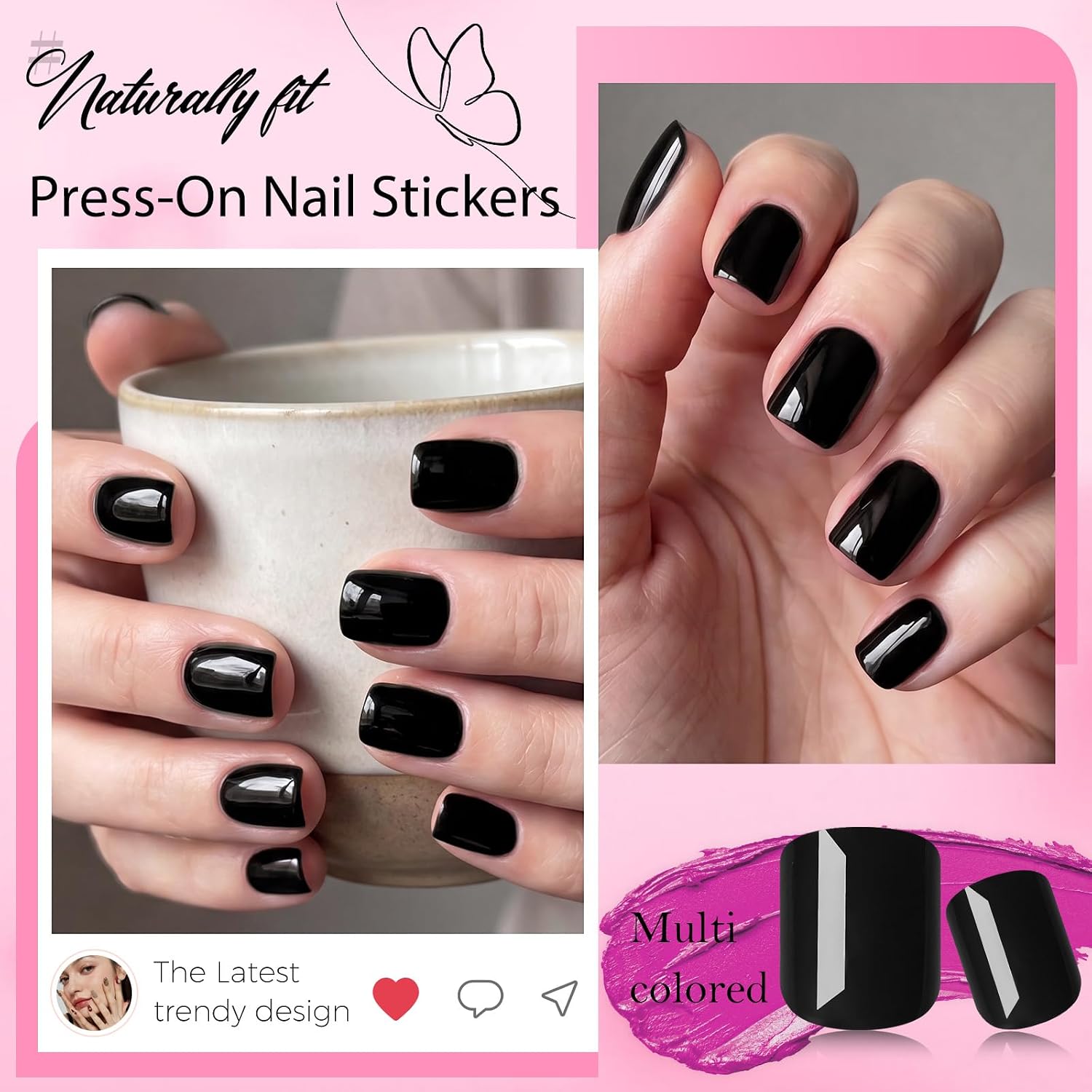 240pc Extra Short Square Press on Nails Black Fake Nails Glue ons