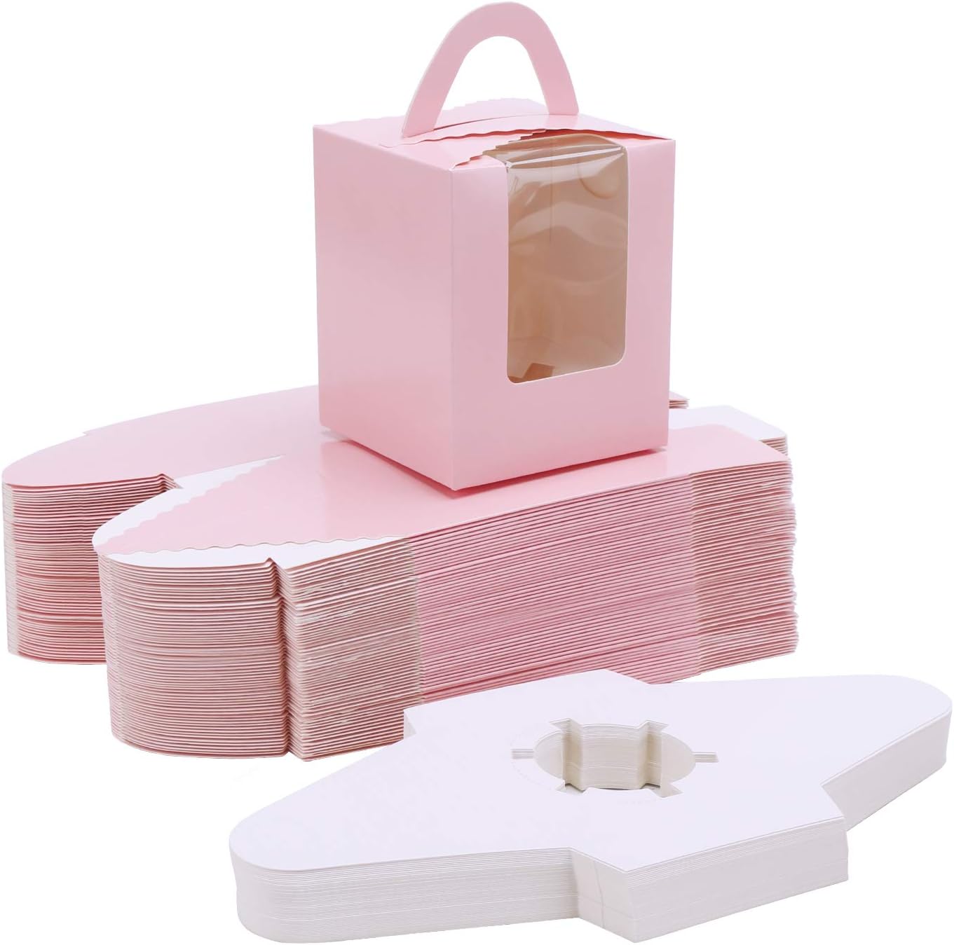 EUSOAR Cupcake Box Carrier, 50 Pcs Pink Single Cupcake Box Holder Container Portable Paper Muffin Gift Box with Window Insert Handle for Wedding Birthday Party Treat Box