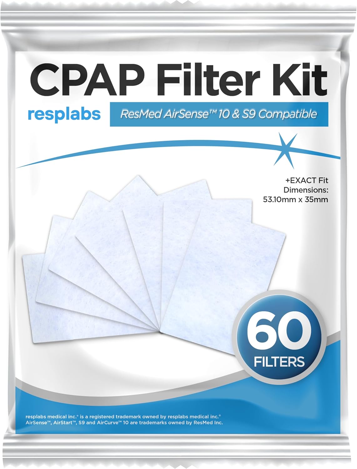 resplabs CPAP Filters Compatible with The Resmed S9 and AirSense 10 Pack of 60