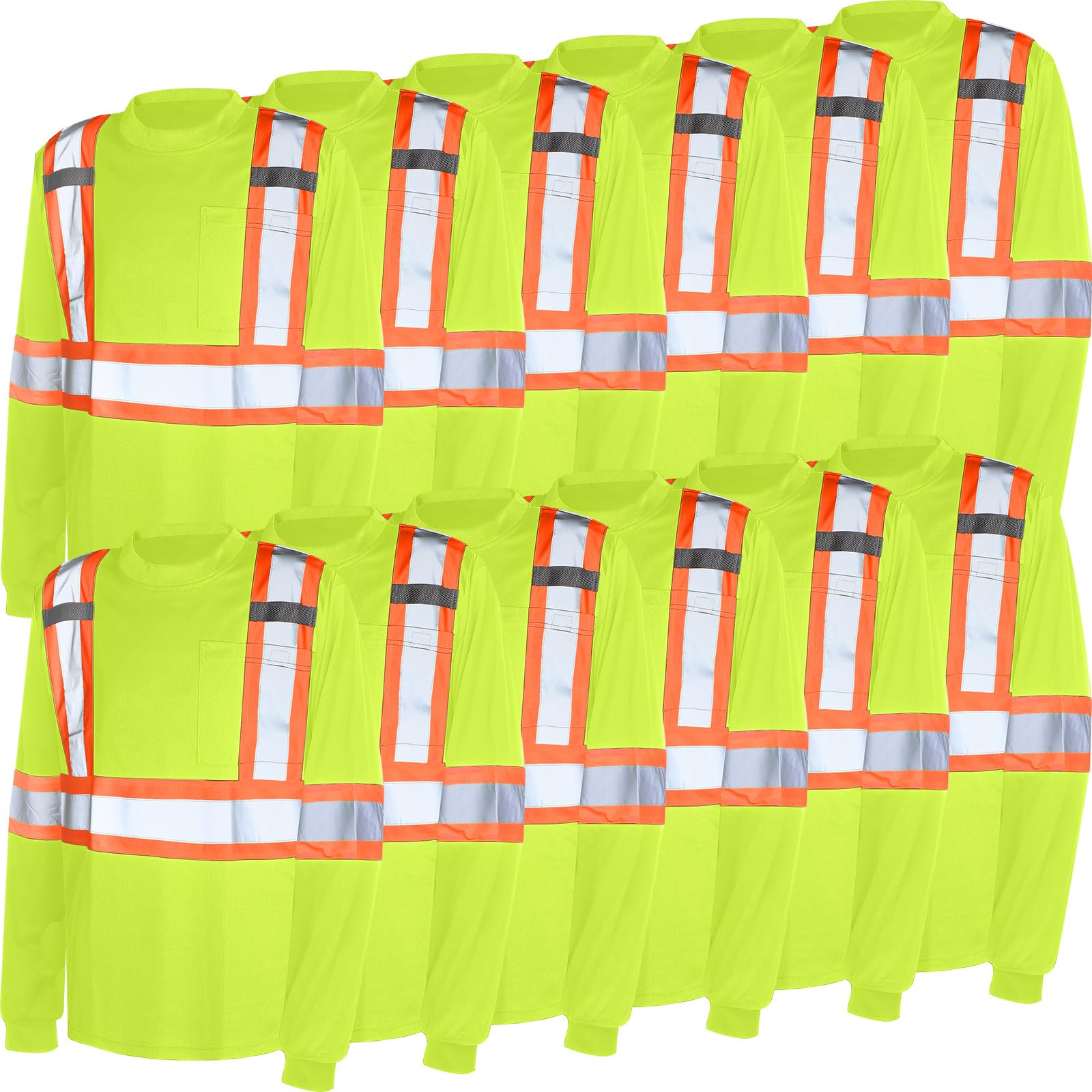 Panitay 12 Pcs Safety Long Sleeve Shirts, Bulk Class 3 Reflective High Visibility Shirts with Pocket Safety Shirt (Fluorescent Green,Large)
