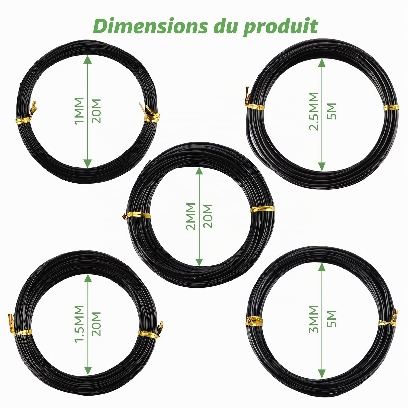 Fil Métallique pour l'Artisanat, 5 Tailles Fil aluminium (1 mm, 1,5 mm, 2,0 mm, 2,5 mm, 3,0 mm), Noir Fil de Fer, Fil de Bonsaï en Aluminium Anodisé pour Art Floral, Tissage (70 MèTres)