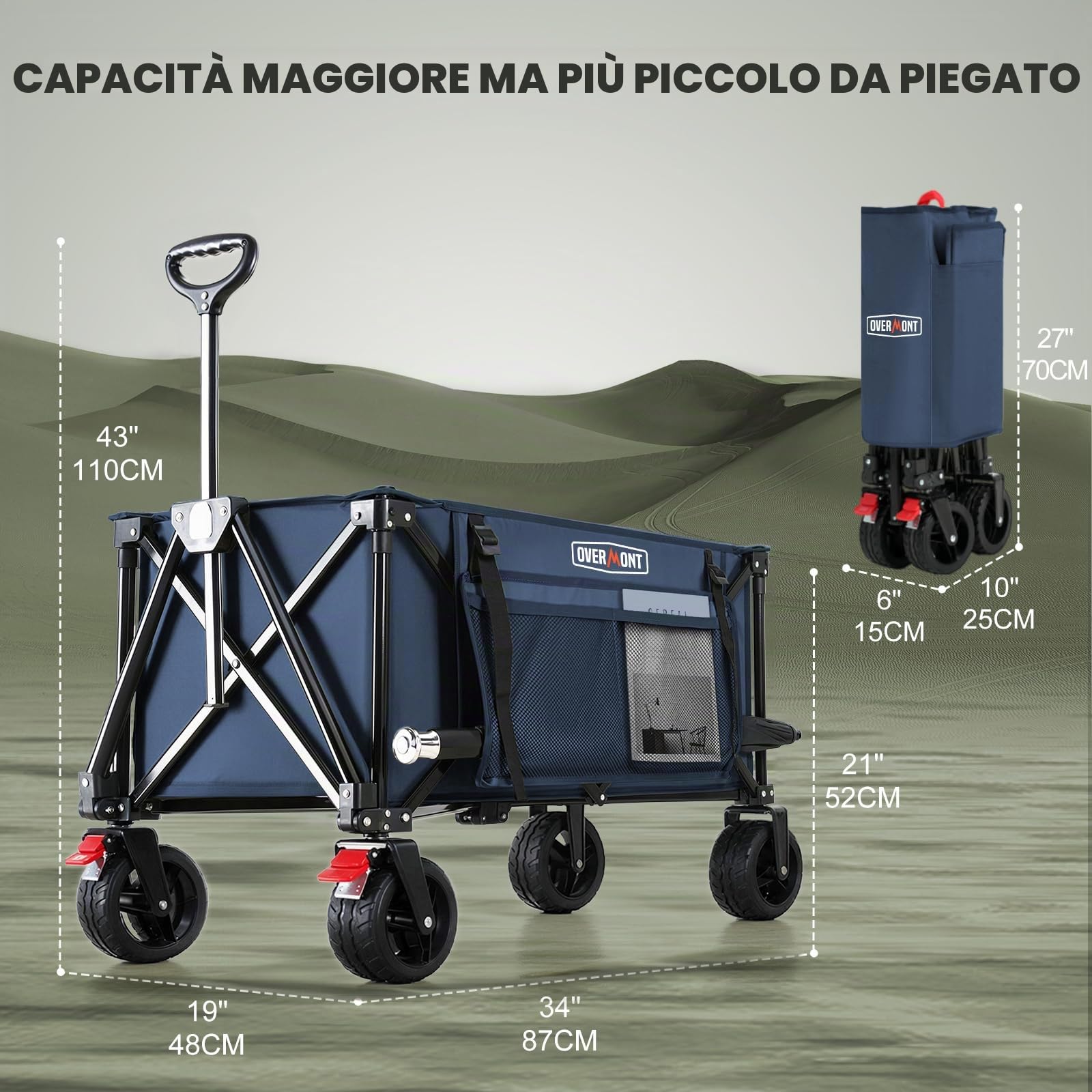 Overmont Carrello da Giardino Pieghevole - Carrelli da Trasporto 150L 150 kg con Maniglia regolabile Freni Tasche a Rete - All-terrain Staccabile Ruote - per Campeggio Shopping Sport Spiaggia