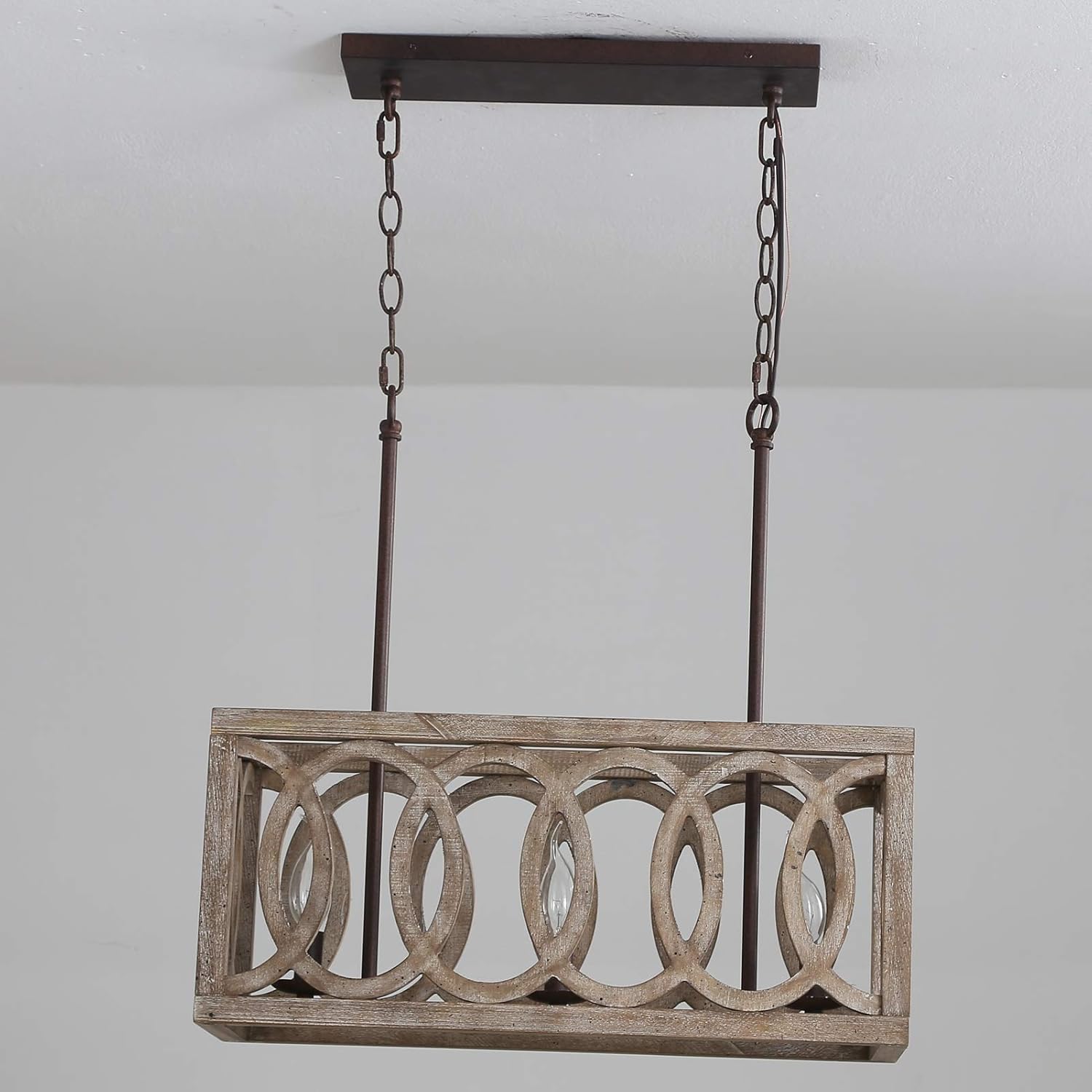 Free Shipping Offer Rustic 3-Light Chandelier, Wood and Metal Pendant Light Fixture Kitchen Island Ceiling Lighting Farmhouse Chandelier for Dining Room, Kitchen Table, Restaurant, Coffer Bar