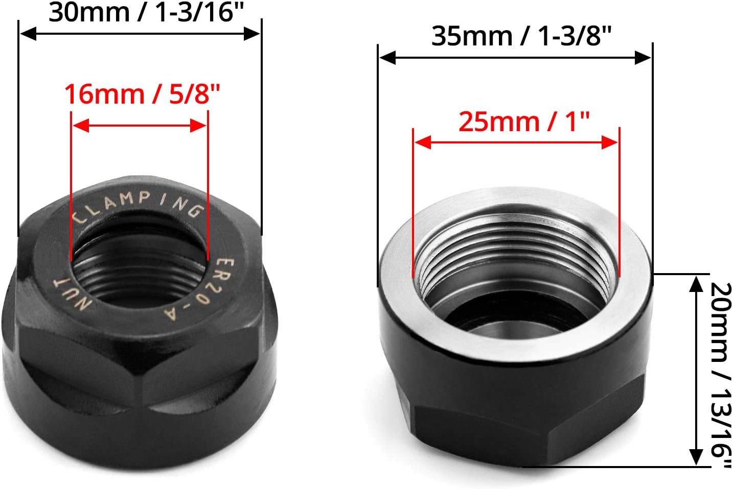 QWORK ER20 A Collet Clamping Nuts for CNC Milling Chuck Holder Lathe, 4 Pack (Black)