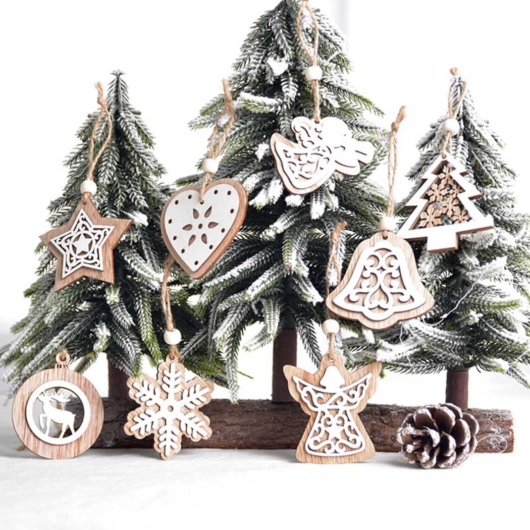 Qniceone Christmas Tree Ornaments 8 PCS, Wooden Snowflake Ornaments, Wood Hanging Craft Decorations for Tree Winter Wonderland, Rustic Farmhouse Holiday Christmas Decor for Xmas Tree Decorations White