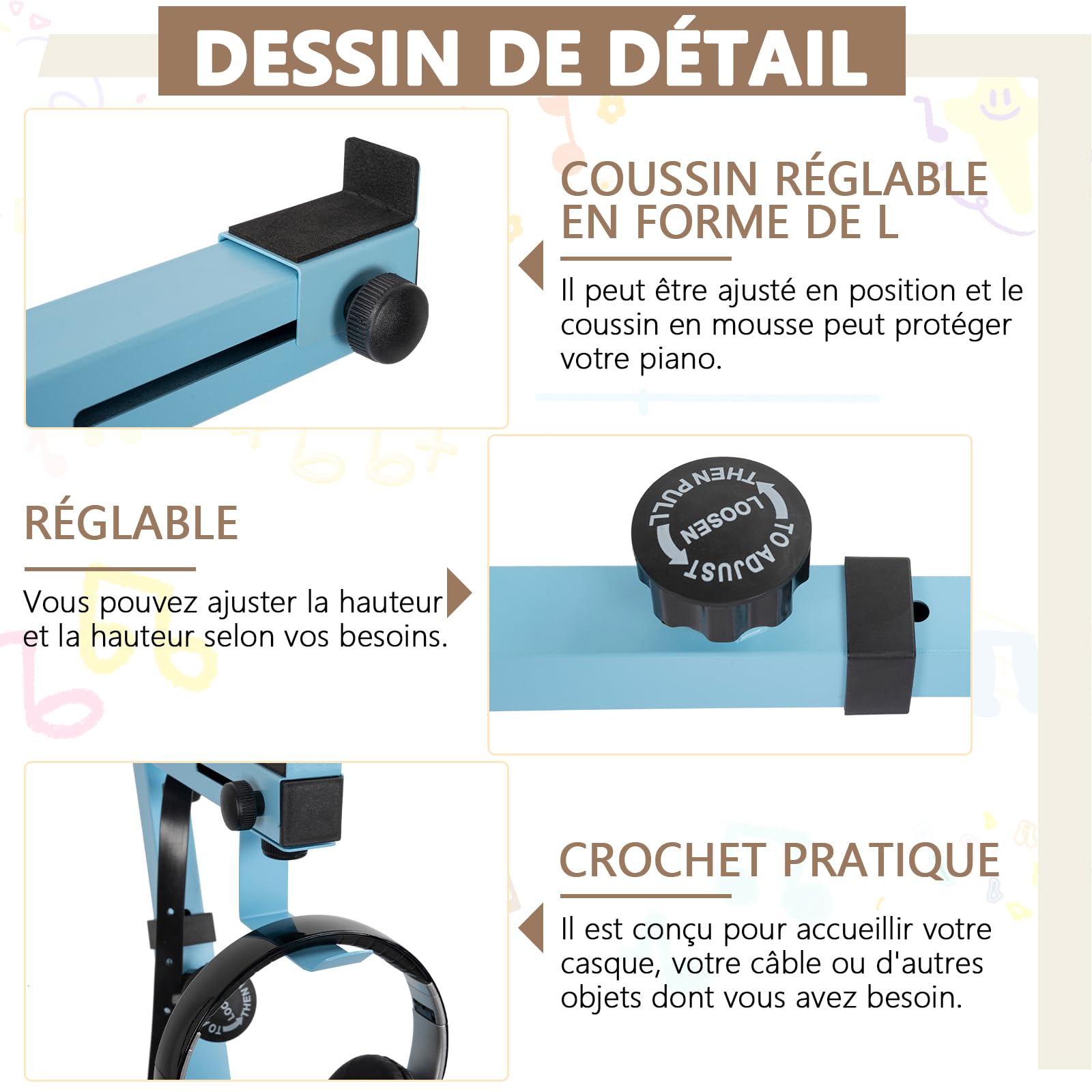 OUUTMEE Support de Clavier Piano en Forme de Z, Support pour Piano Numérique Réglable en Hauteur et Largeur avec 4 Roues, Convient aux Claviers Électrique à 54-88 Touches (Bleu)