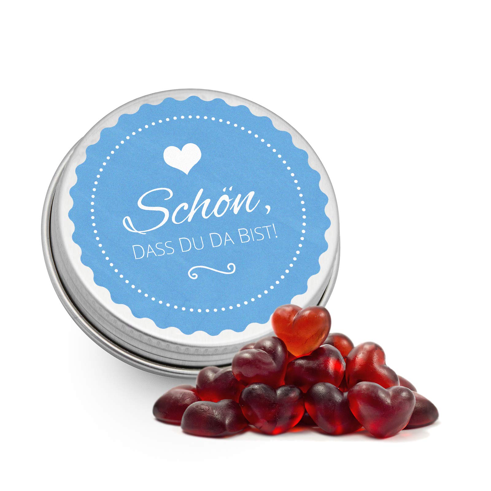 DeinBonbon 20x Gastgeschenk Mini Dose DIY Süßigkeiten und Stickerbogen | Hochzeit, Geburtstag, Taufe & Kommunion (Blau, Fruchtgummi Herzen)