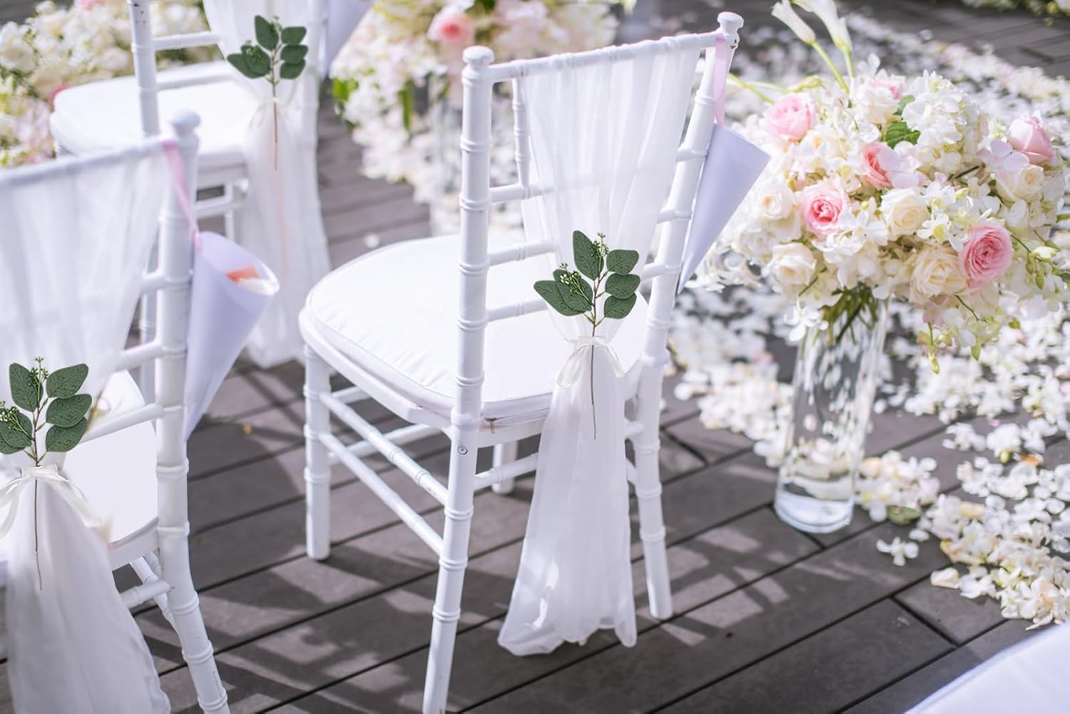 YOUMEHOME Wedding Aisle Decor - 24 Packs White Chair Sash Bows SashesTie Back Sheer Drapes Fabric Chairs Covers for Wedding Aisle Bulk Party Reception