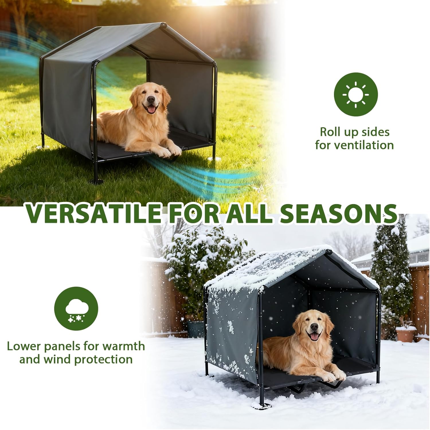 Dog Canopy with Raised Bed for Outdoor, 3.3' x 2.9' x 3.5' Large Dog House Outdoor Indoor, Pet Shelter with Removable Waterproof Shade Cover, Portable Pet House for Camping, Patio, Yard