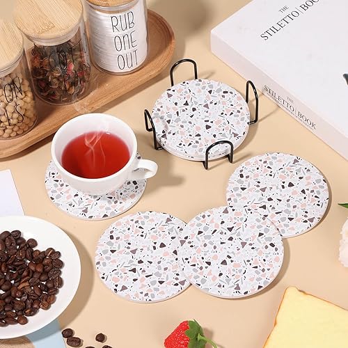 Vista 2 de Acejoz Posavasos con soporte, juego de 6, diseño de terrazo, cerámica, redondo, 4 pulgadas Patrón de terrazo