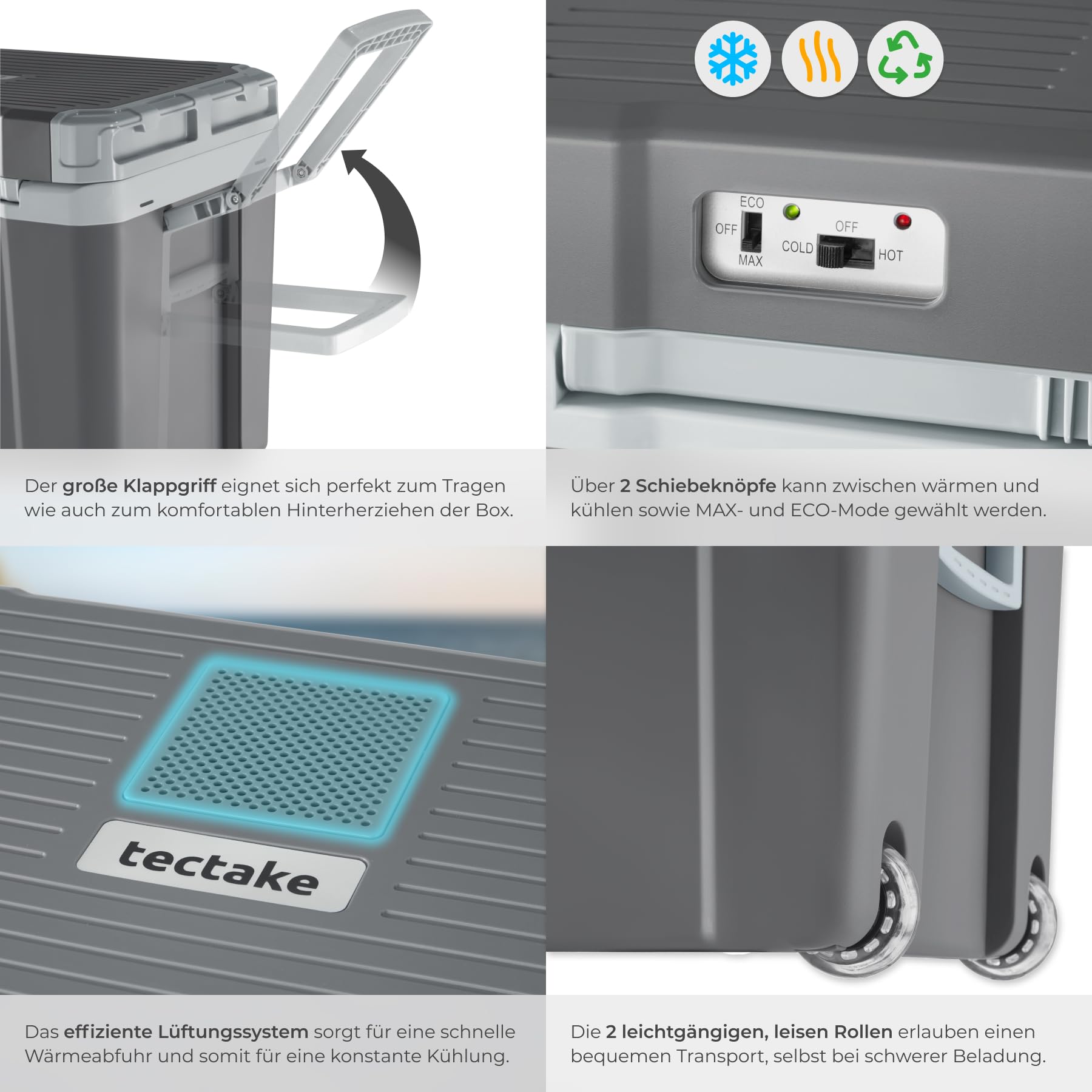 tectake® 2in1 elektrische Kühl- und Wärmebox, 35 l Fassungsvermögen, 52,5 x 35 x 40 cm, mit ECO-Modus, leise, 230 V und 12 V für Steckdosen- und Autoanschluss, für Camping, mit Griffen und Rollen