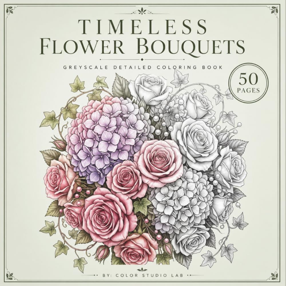 Timeless Flower Bouquets: A Grayscale Flower Coloring Book for Adults Featuring Elegant Floral Arrangements for Relaxation and Creativity