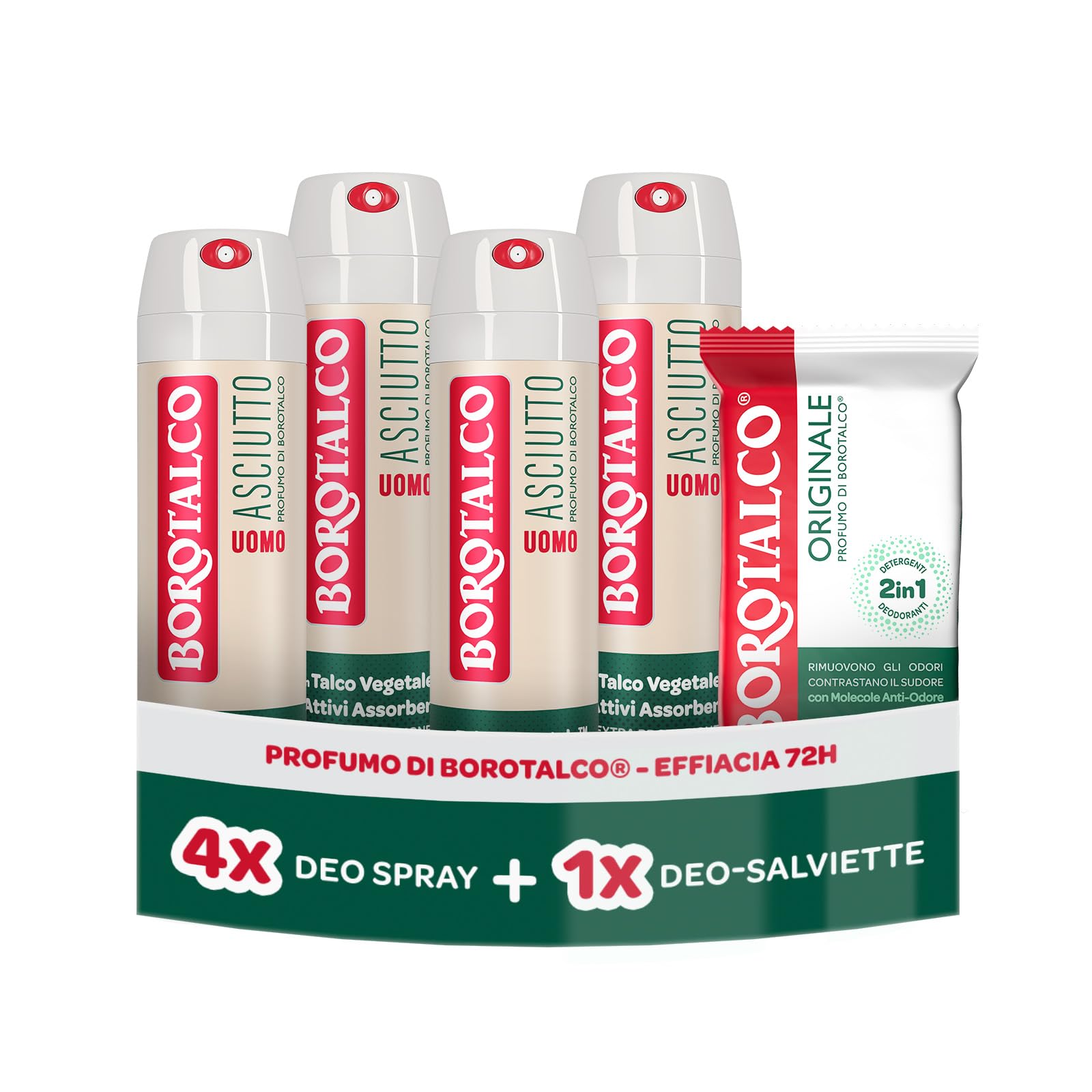 Borotalco, Deodorante Uomo Spray Asciutto 4x150ml, Deo-Salviette Originale