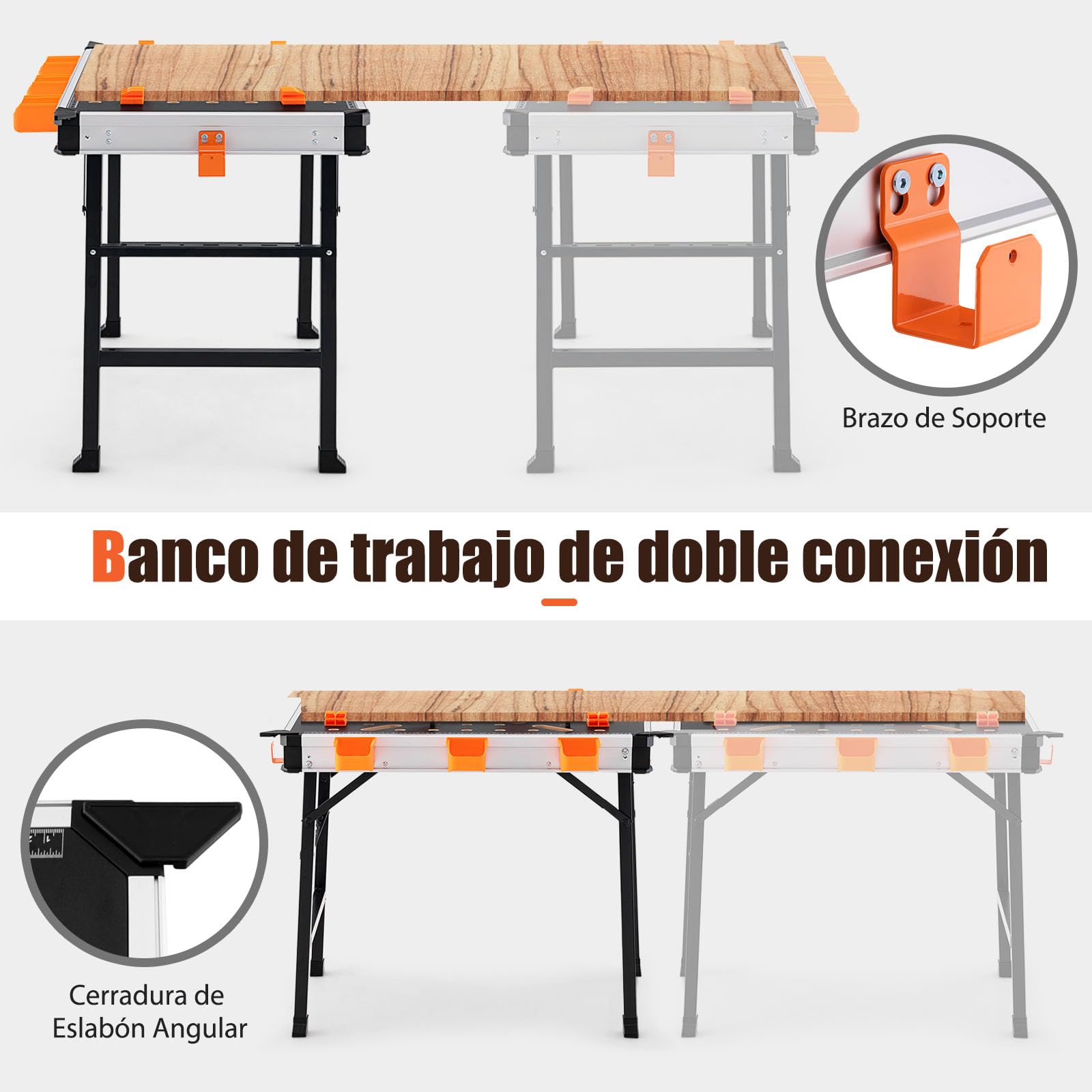 GYMAX Banco de Trabajo portáti de 84.5 cm, Mesa de Trabajo Plegable con 2 Cierres Rápidos, 4 Ganchos de Sujeción y 3 Cajas de Herramientas, Capacidad de Carga 454 kg, Banco de Rrabajo para Reparar