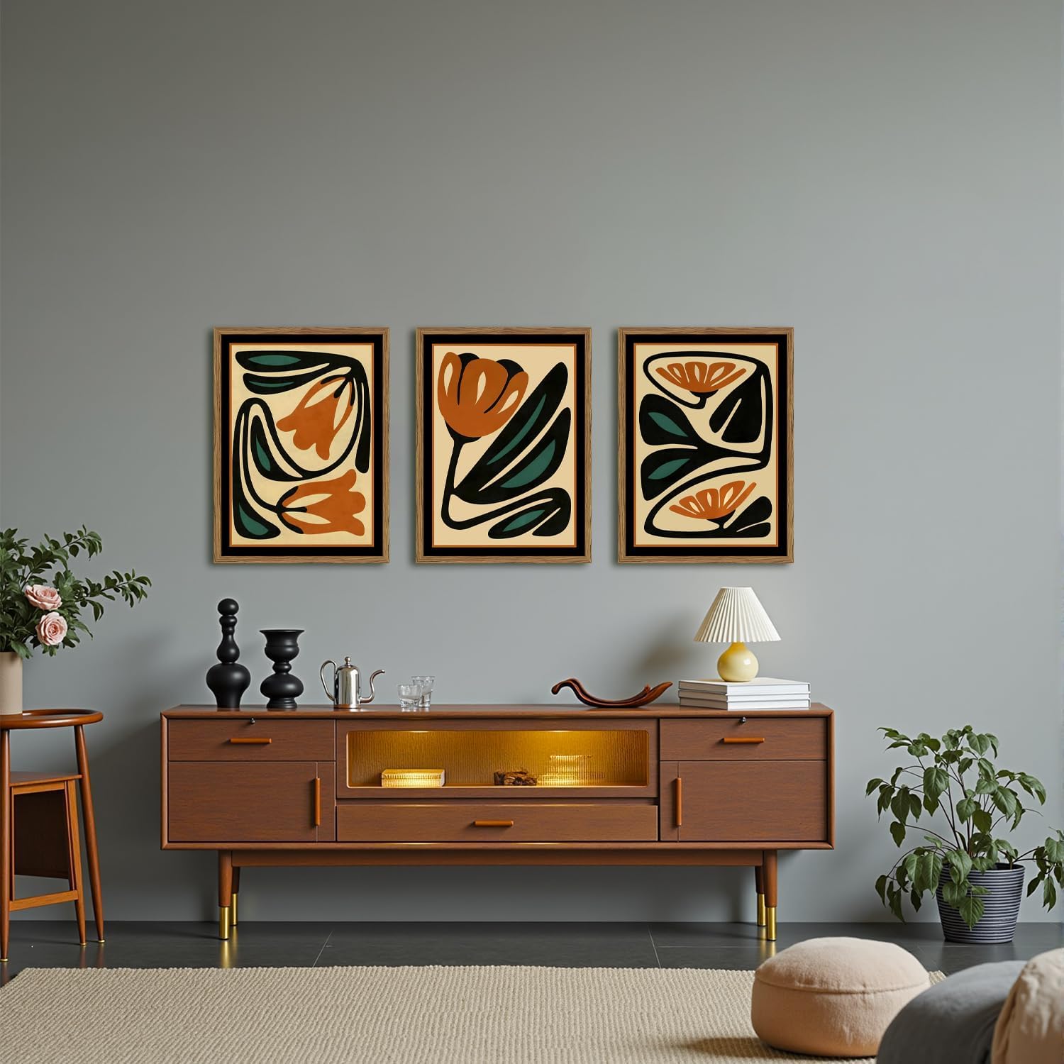 Mid Century Floral Wall Art Set of 3, Modern Abstract Botanical Wall Decor Picture, Vintage Boho Eclectic Plant Canvas Prints Paintings for Bedroom Living Room 12x16 inch Framed