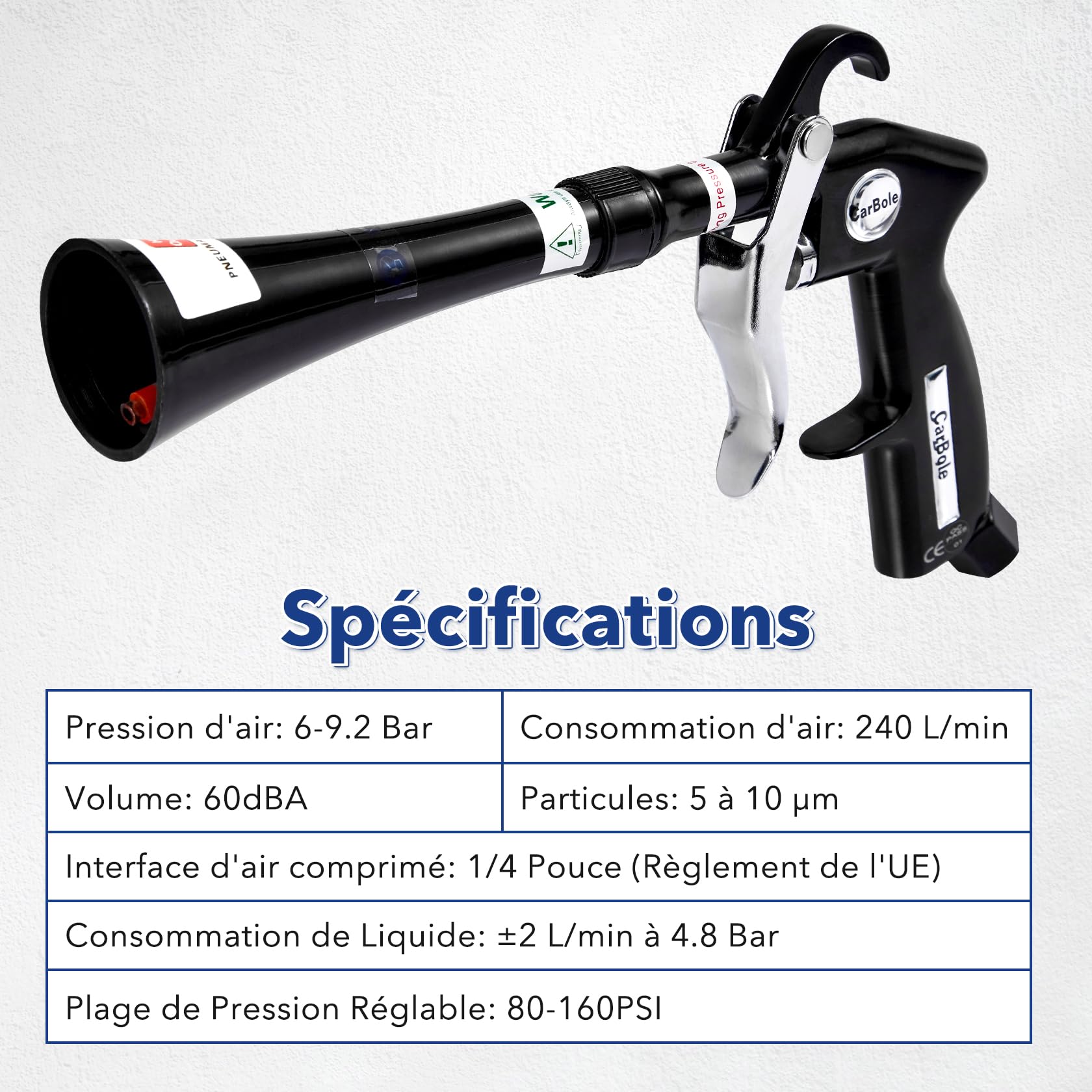 CarBole Pistolet de Nettoyage Voiture Intérieur,Pistolet de Soufflage et Séchage,pour 6~9,2 Bar Air Comprimé,Kit de Lavage,Peut Nettoyer Efficacement l'intérieur de la Voiture