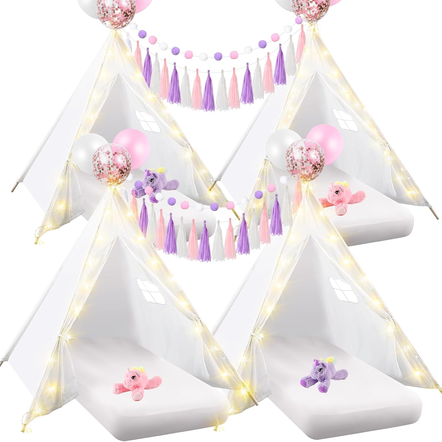Windyun 4 Pack Unicorn Theme Teepee Tent with Air Mattress Fitted Sheet, Sleepover Slumber Party for Girls Boys Natural Cotton Washable Toddler Indoor Play Tent Birthday Decoration