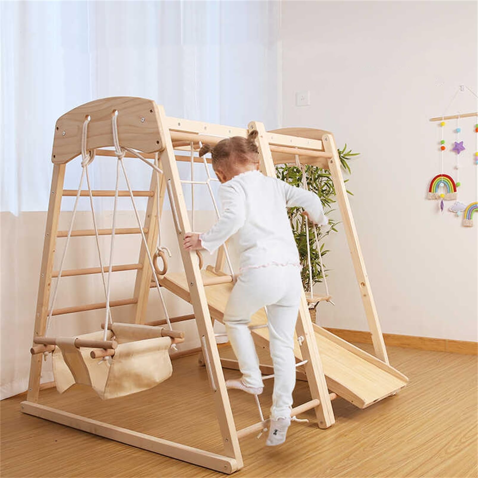 Andanna Upgraded Indoor Playground 5-in-1 Jungle Gym Kids Climbing Toys, Montessori Wooden Climber Playset with Slide, Swing, Monkey Bars,Upright/Rope Ladder,Climb Net(Climbing Toys)